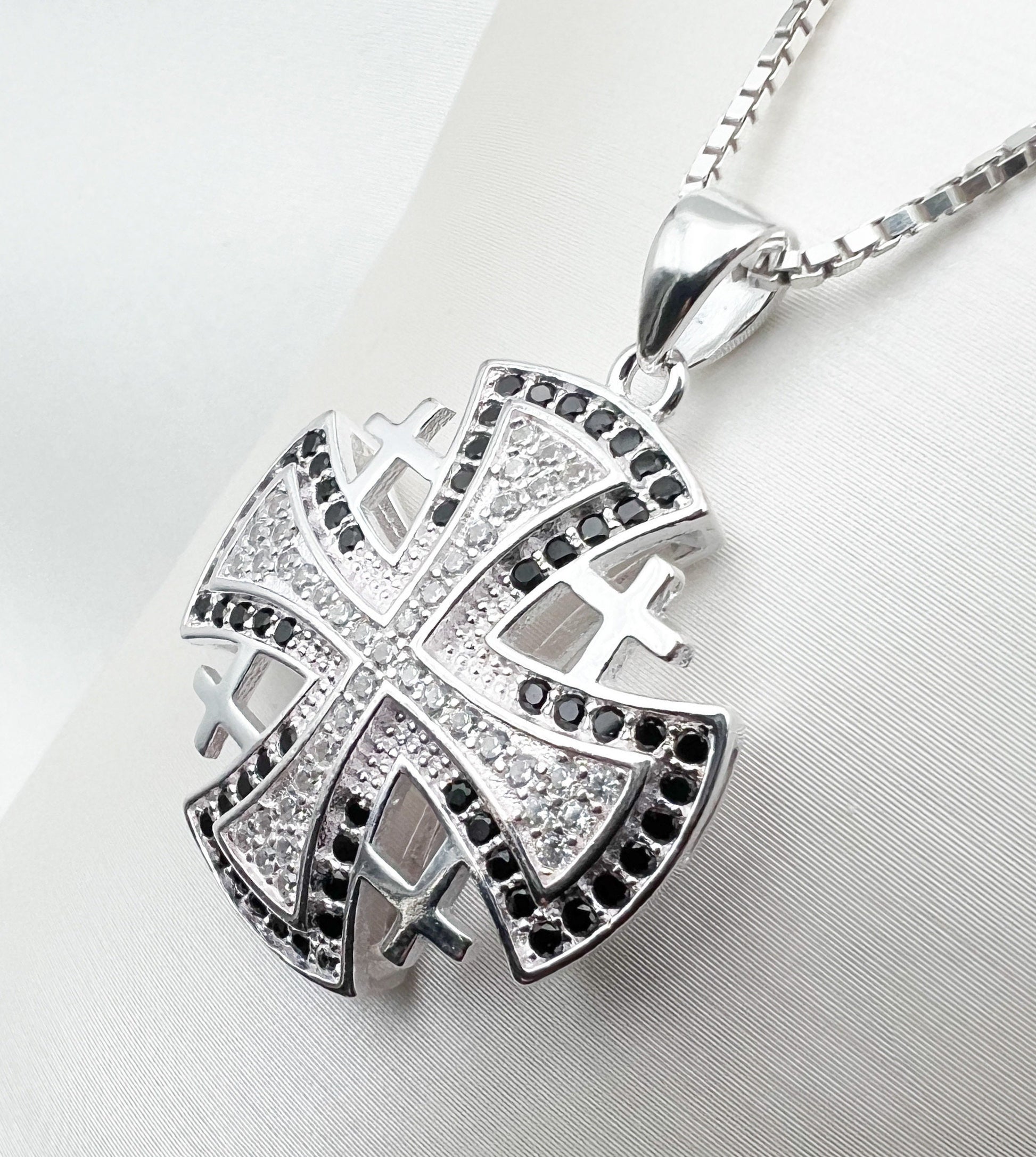 Elegant Jerusalem Cross Pendant with White and Black Zircons in Silver 925