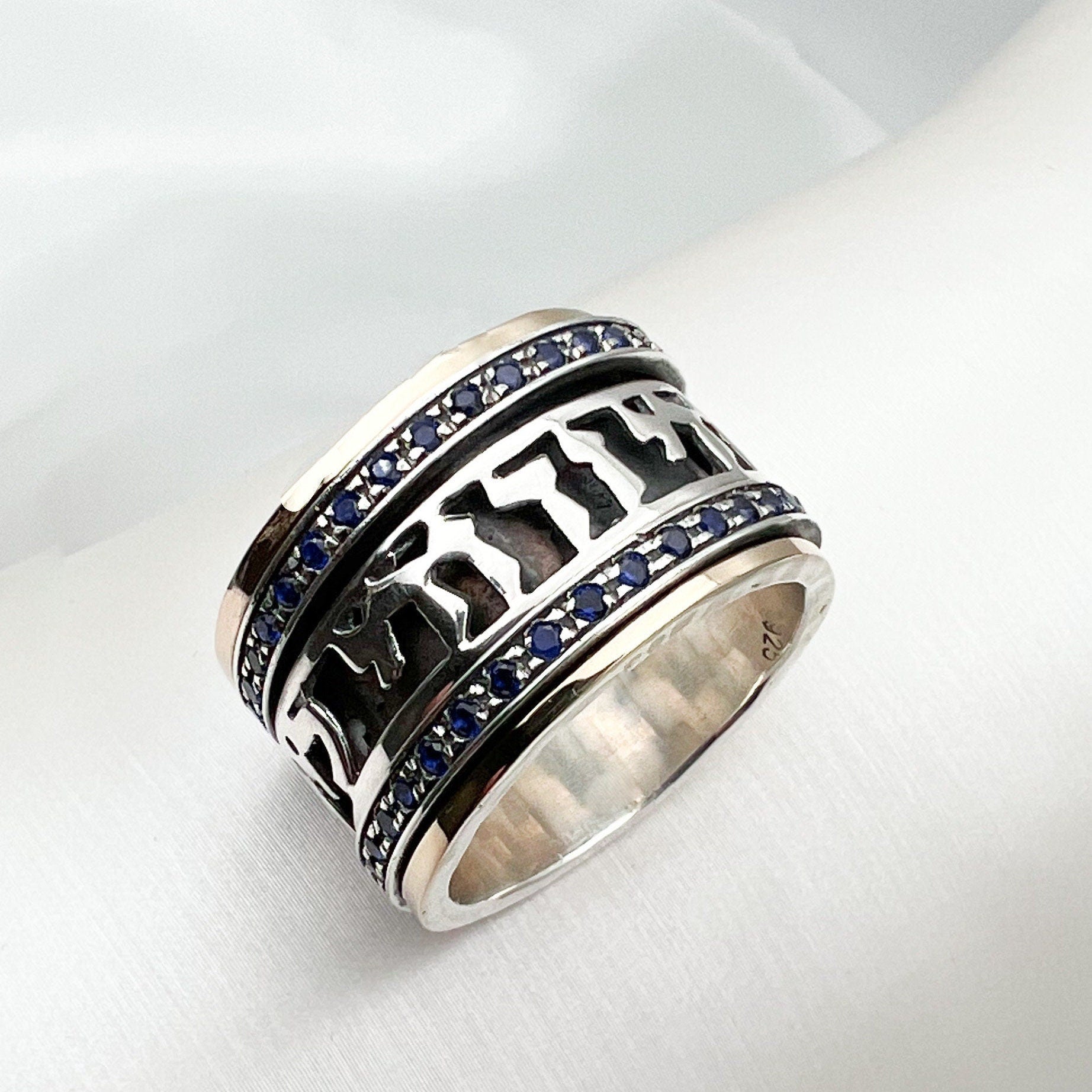 "I Am My Beloved's and My Beloved is Mine" Ring Silver 925 & Gold with Blue Sapphire