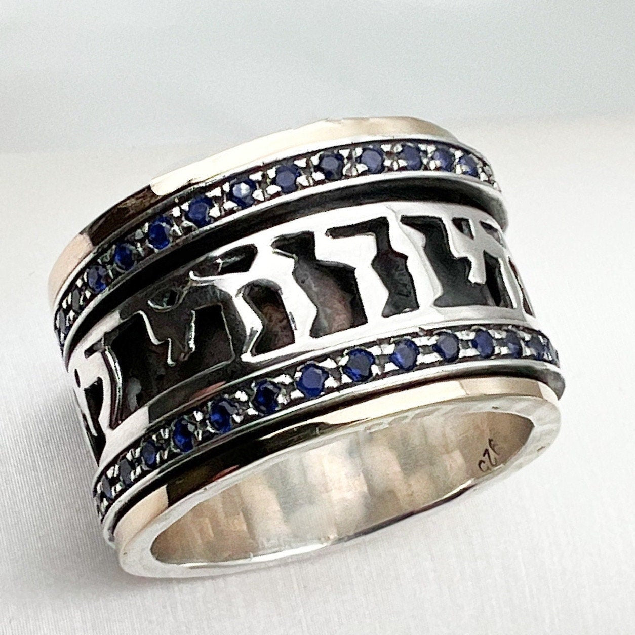 "I Am My Beloved's and My Beloved is Mine" Ring Silver 925 & Gold with Blue Sapphire