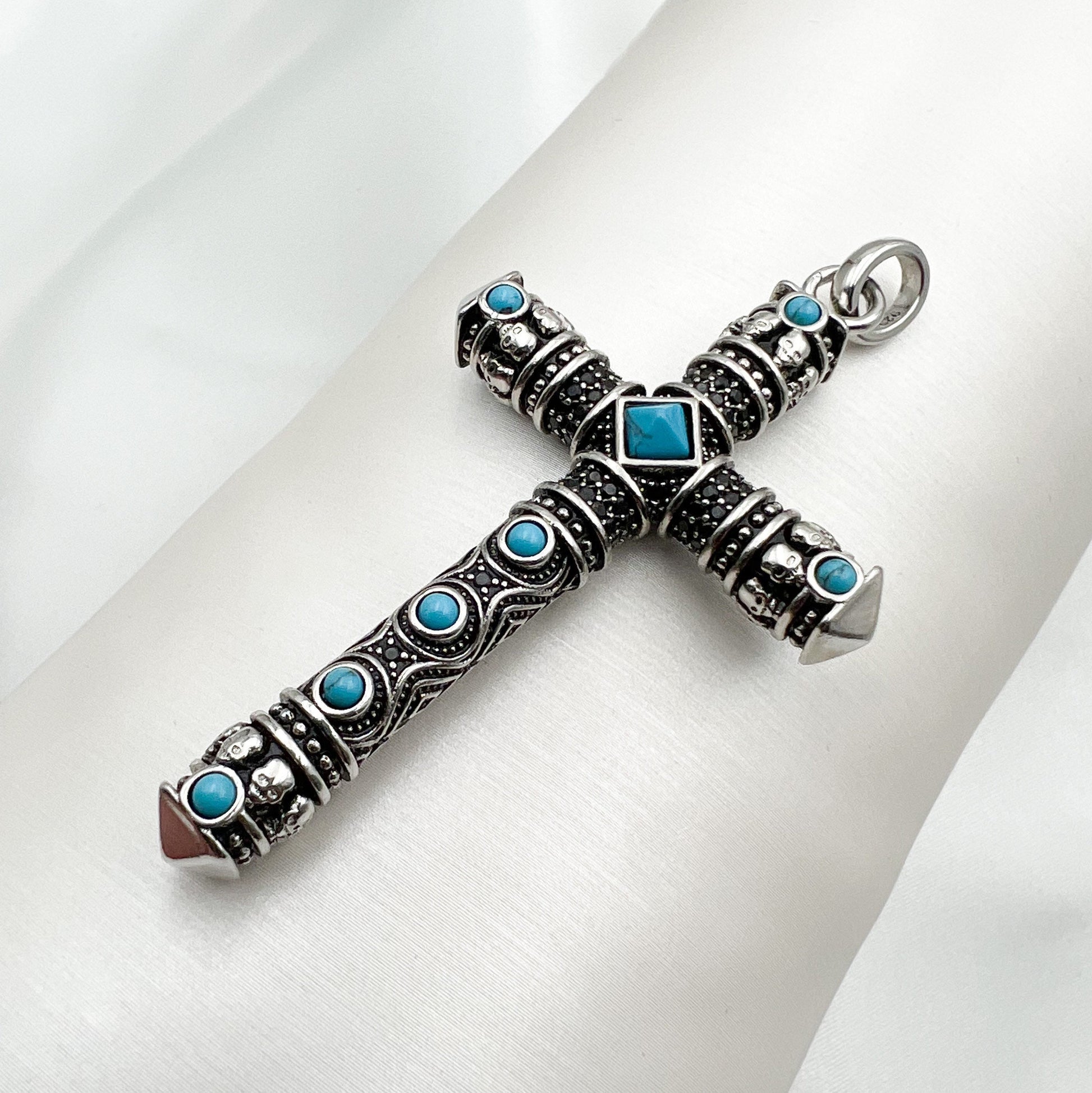 Large Handmade Cross Pendant with Turquoise and Onyx Stones in Sterling Silver 925