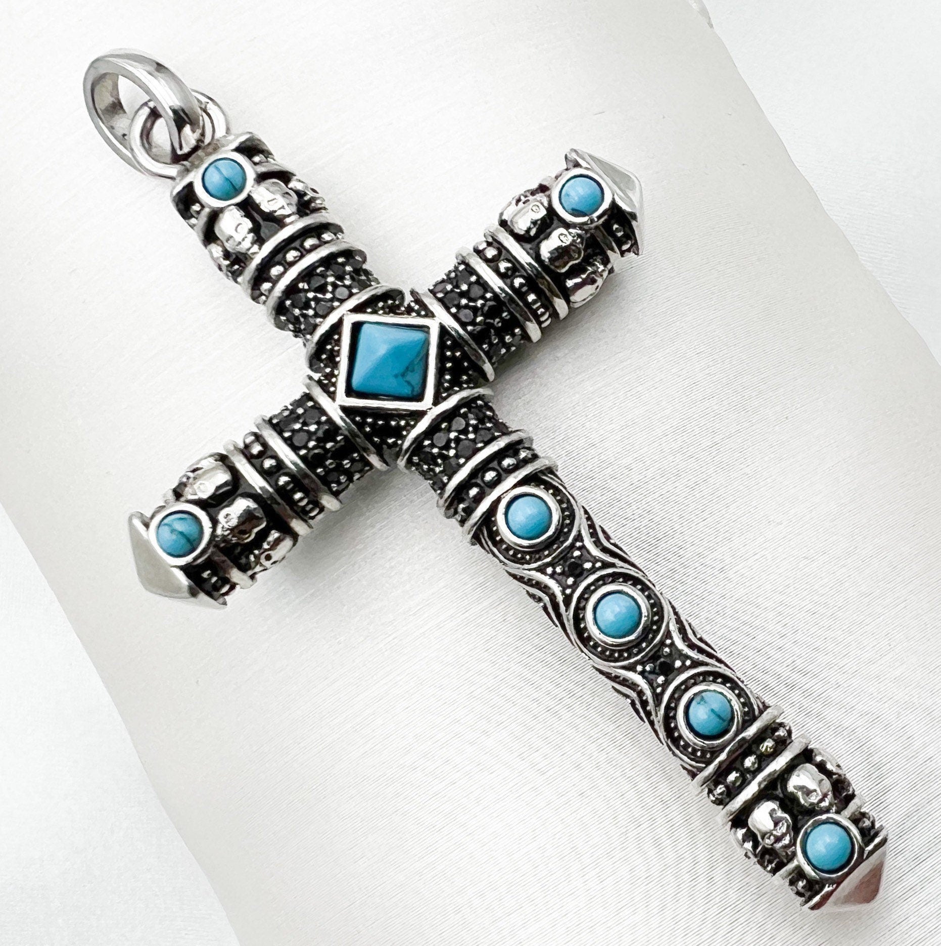 Large Handmade Cross Pendant with Turquoise and Onyx Stones in Sterling Silver 925