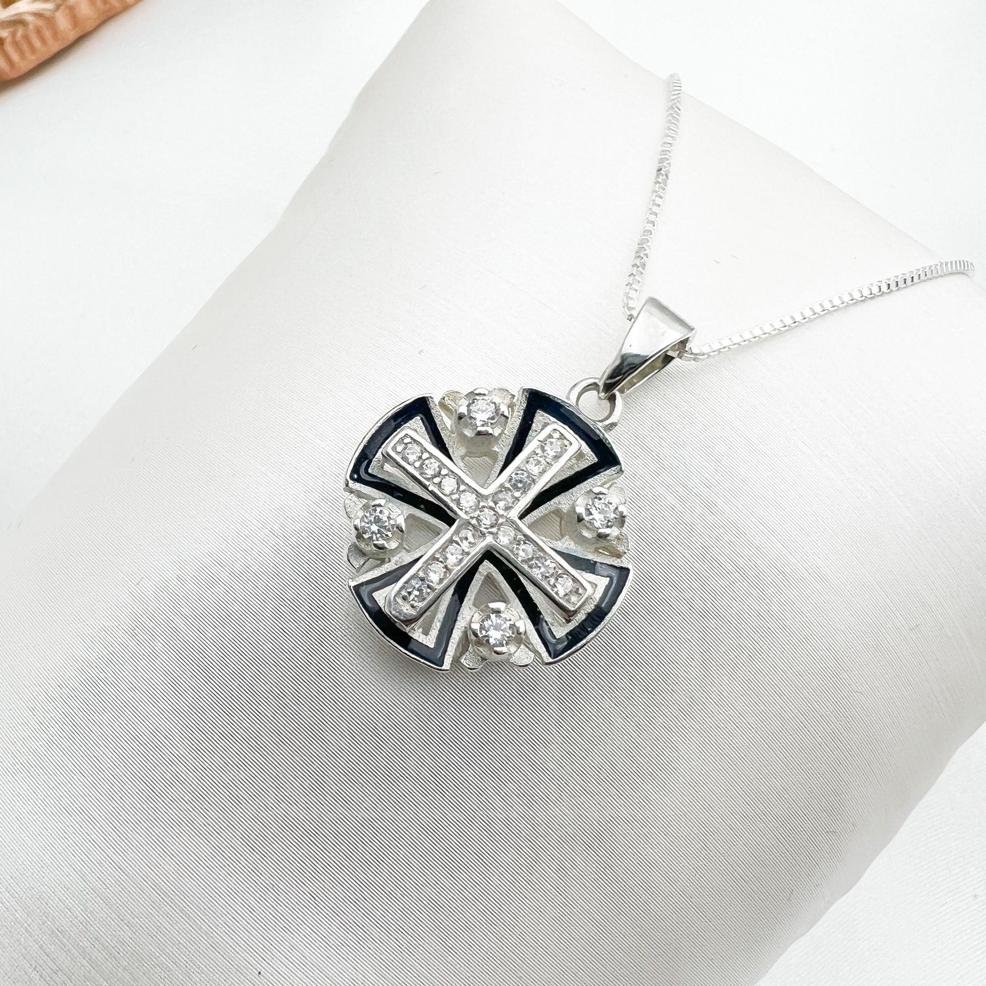 Elegant Sterling Silver Jerusalem Cross Pendant with Blue Enamel and Sparkling Zirconia