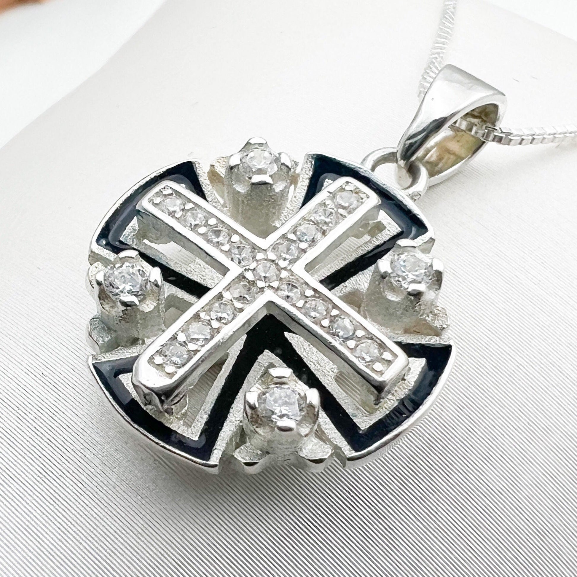Elegant Sterling Silver Jerusalem Cross Pendant with Blue Enamel and Sparkling Zirconia