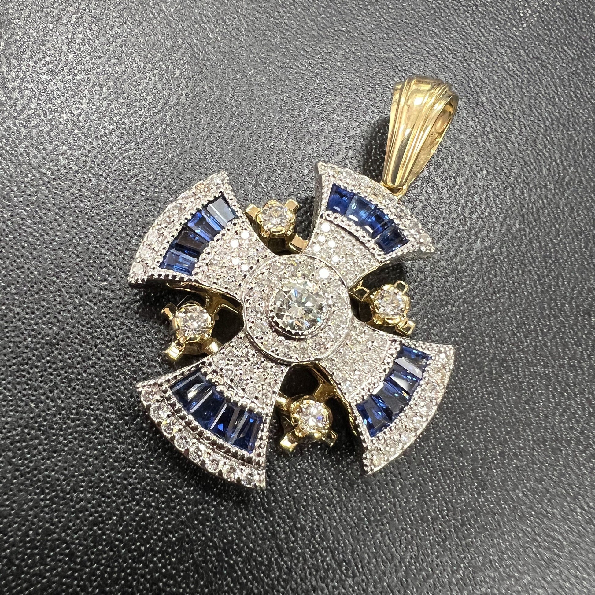 Jerusalem Cross Pendant in 14k Gold with Diamonds and Sapphires Symbol of Christ’s Love and Sacrifice
