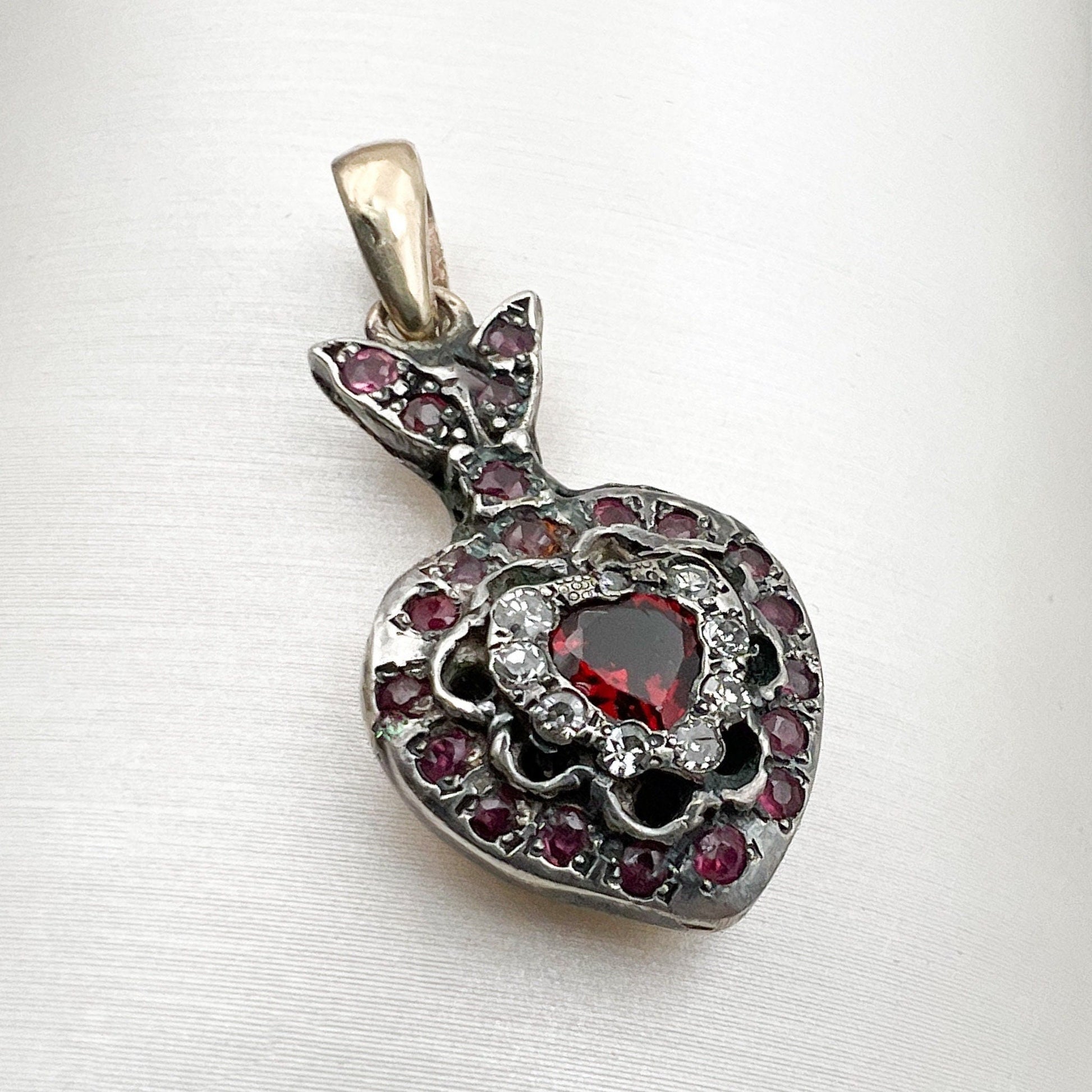 Vintage Heart Shape Ruby, Diamonds and Gold Pendant