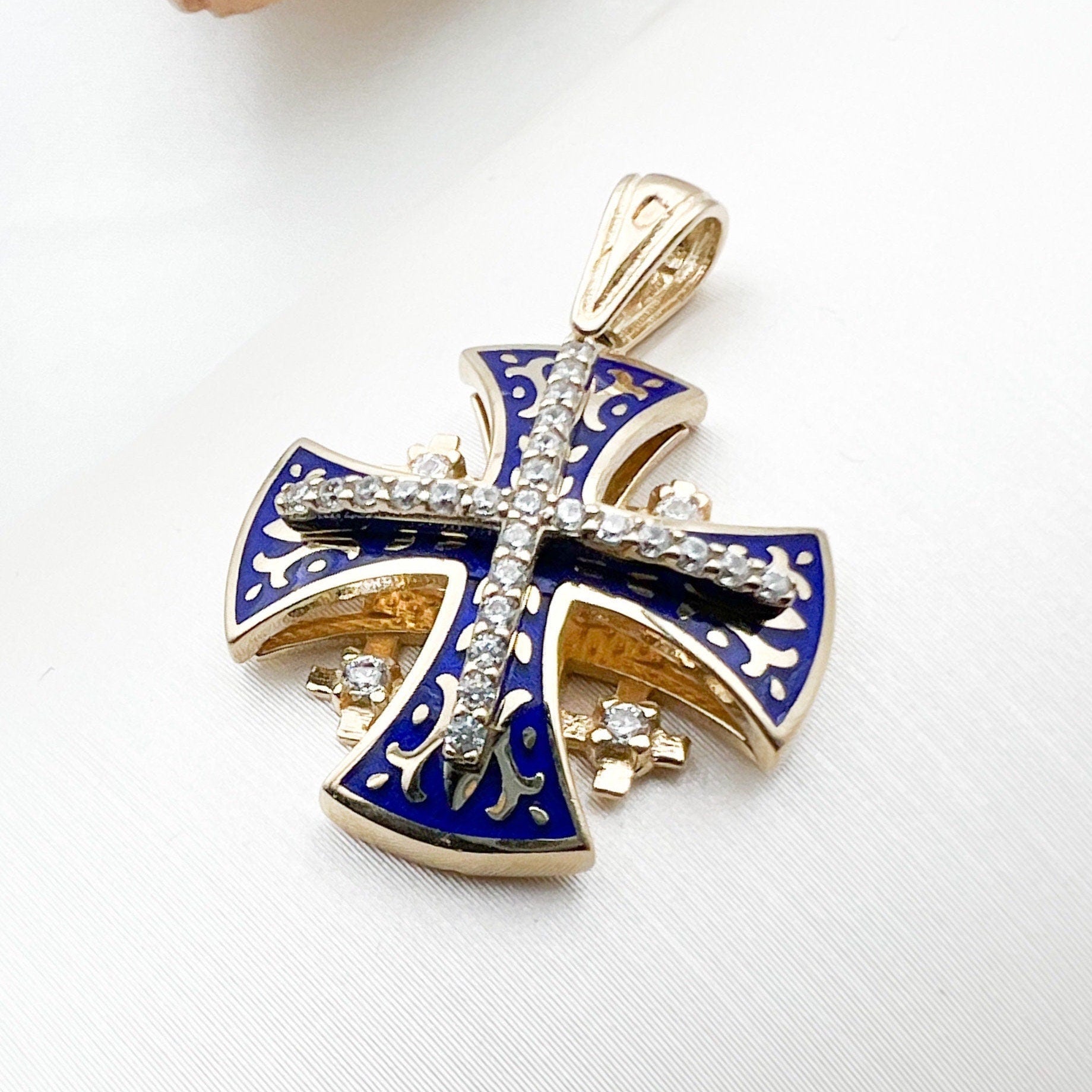 Sacred Jerusalem Cross in 14k Gold and Blue Enamel