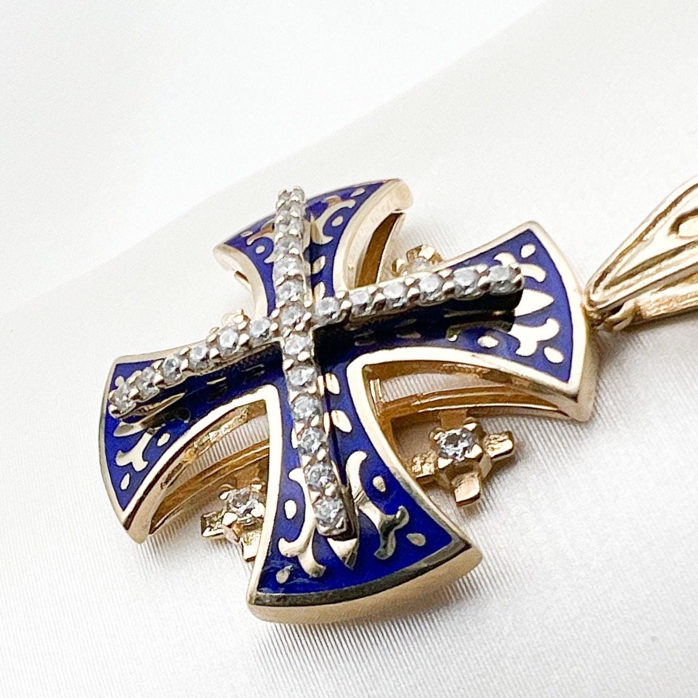 Sacred Jerusalem Cross in 14k Gold and Blue Enamel