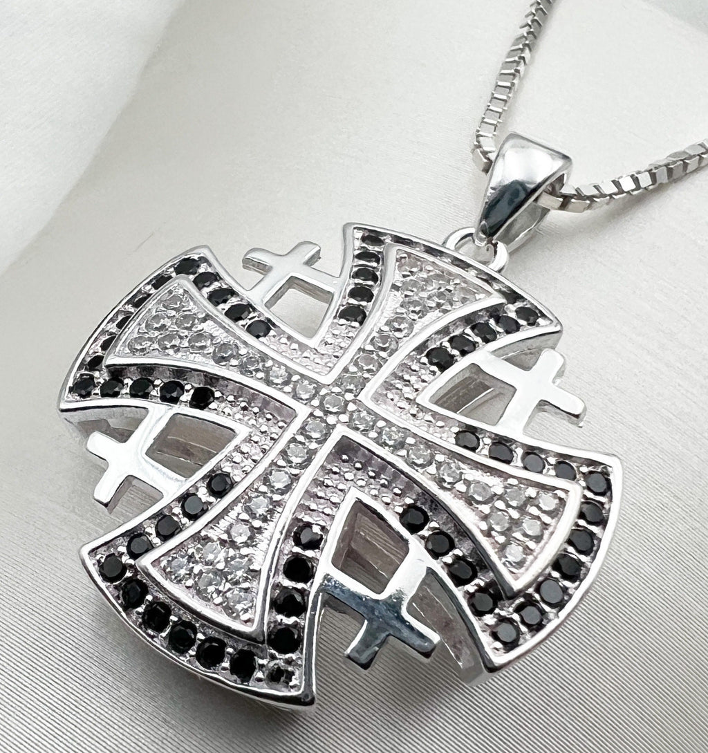 Elegant Jerusalem Cross Pendant with White and Black Zircons in Silver 925