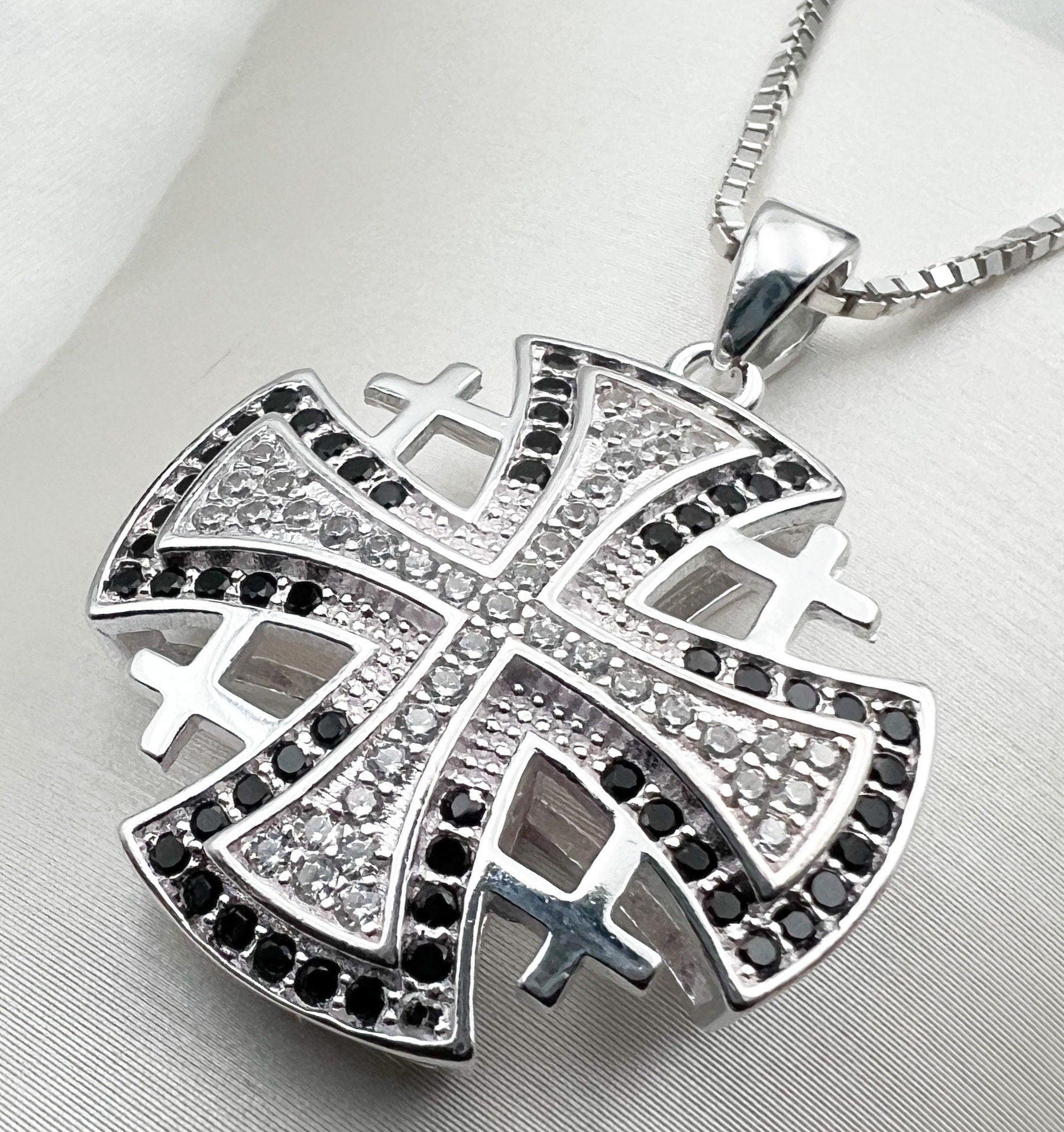 Elegant Jerusalem Cross Pendant with White and Black Zircons in Silver 925