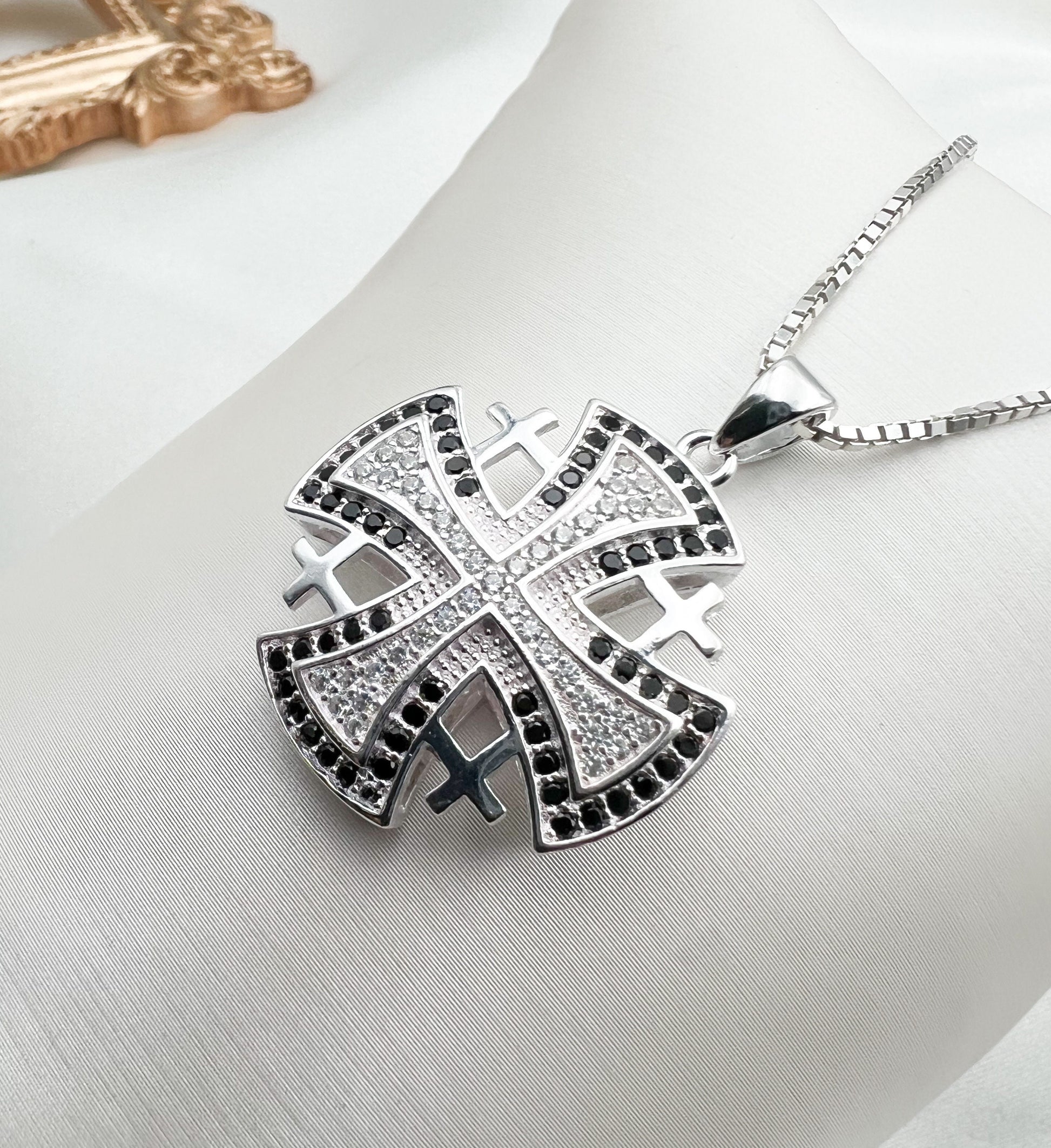 Elegant Jerusalem Cross Pendant with White and Black Zircons in Silver 925