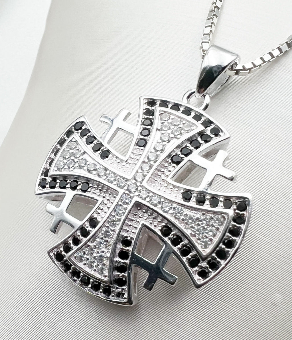Elegant Jerusalem Cross Pendant with White and Black Zircons in Silver 925