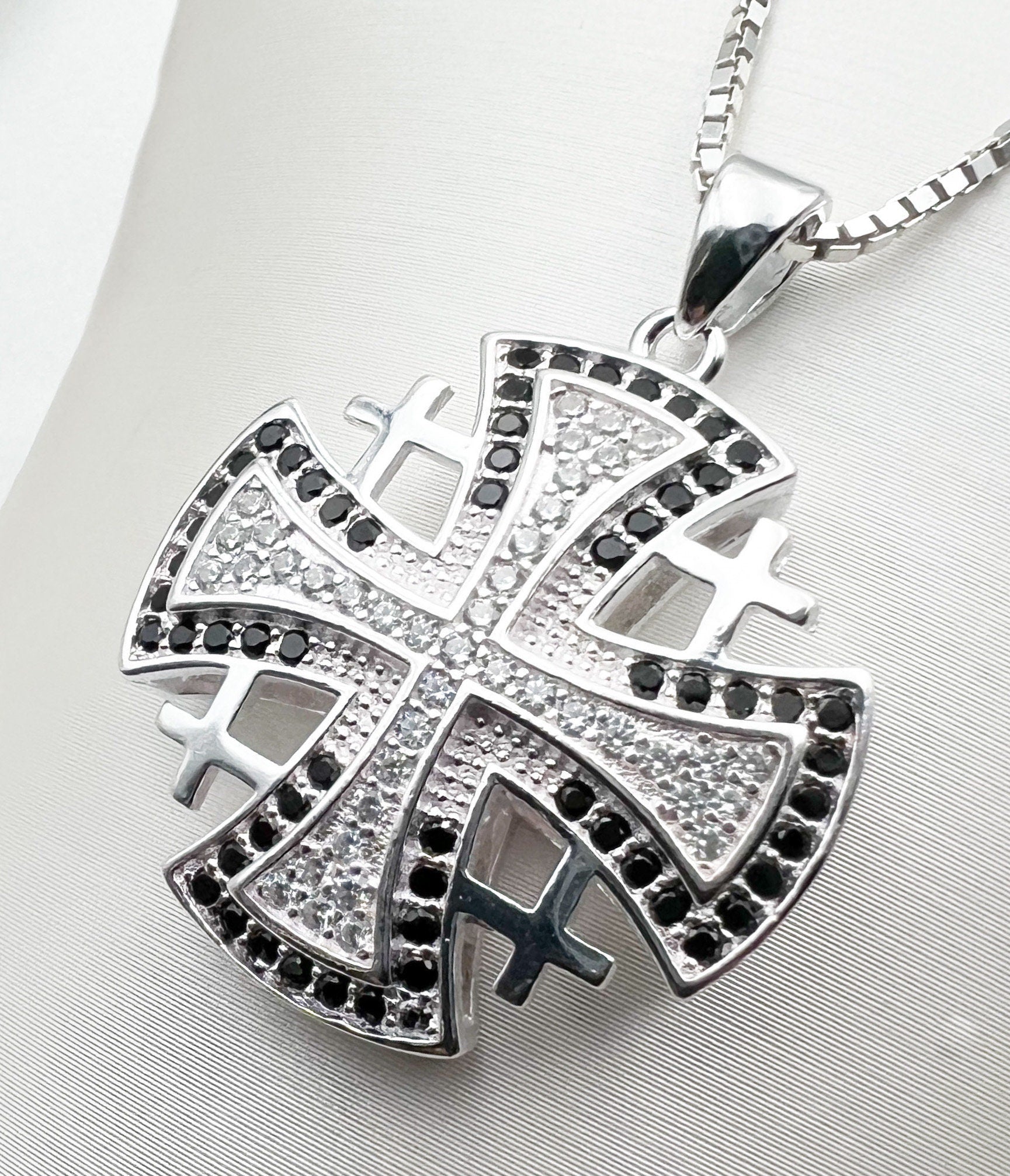 Elegant Jerusalem Cross Pendant with White and Black Zircons in Silver 925