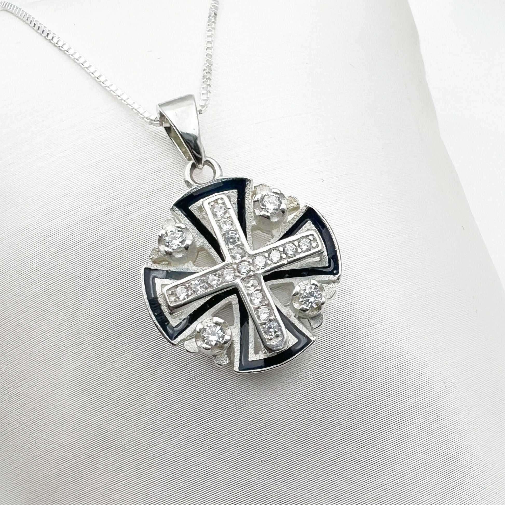 Elegant Sterling Silver Jerusalem Cross Pendant with Blue Enamel and Sparkling Zirconia