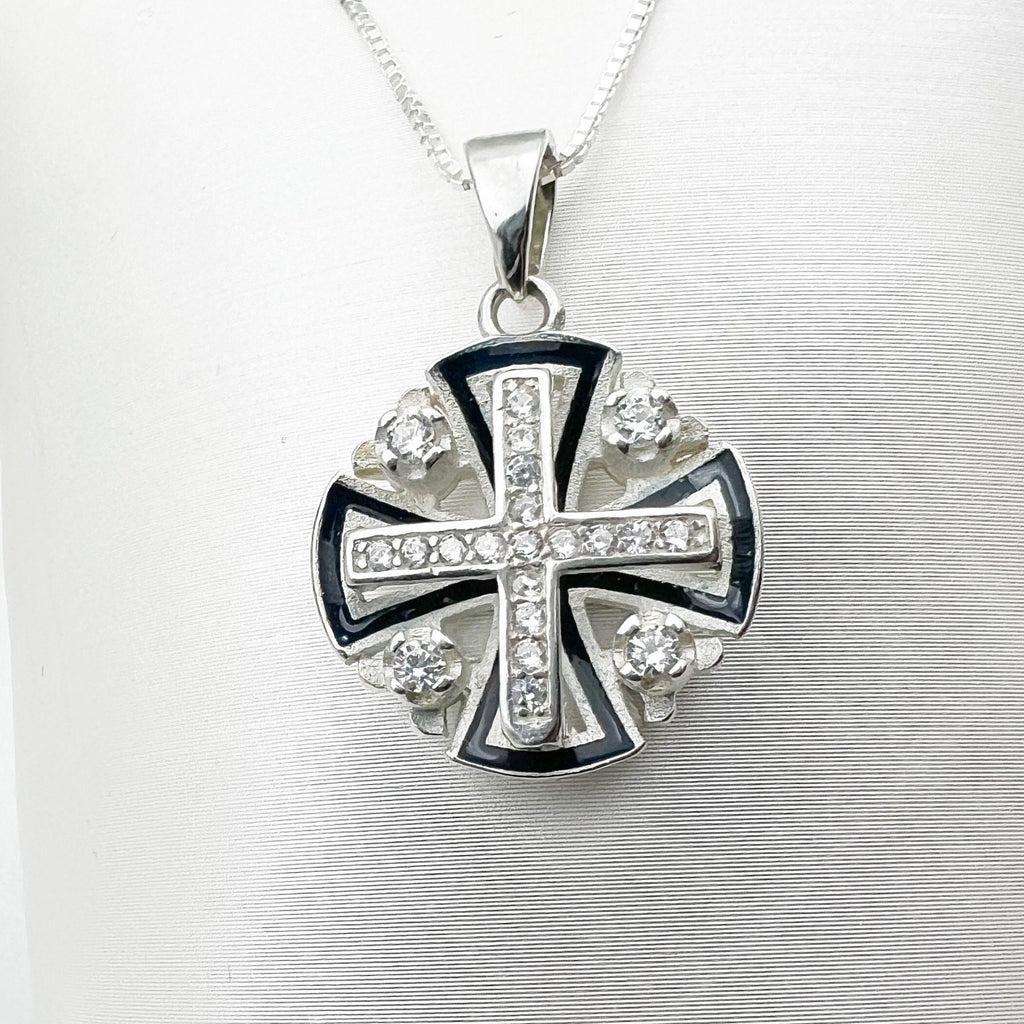 Elegant Sterling Silver Jerusalem Cross Pendant with Blue Enamel and Sparkling Zirconia