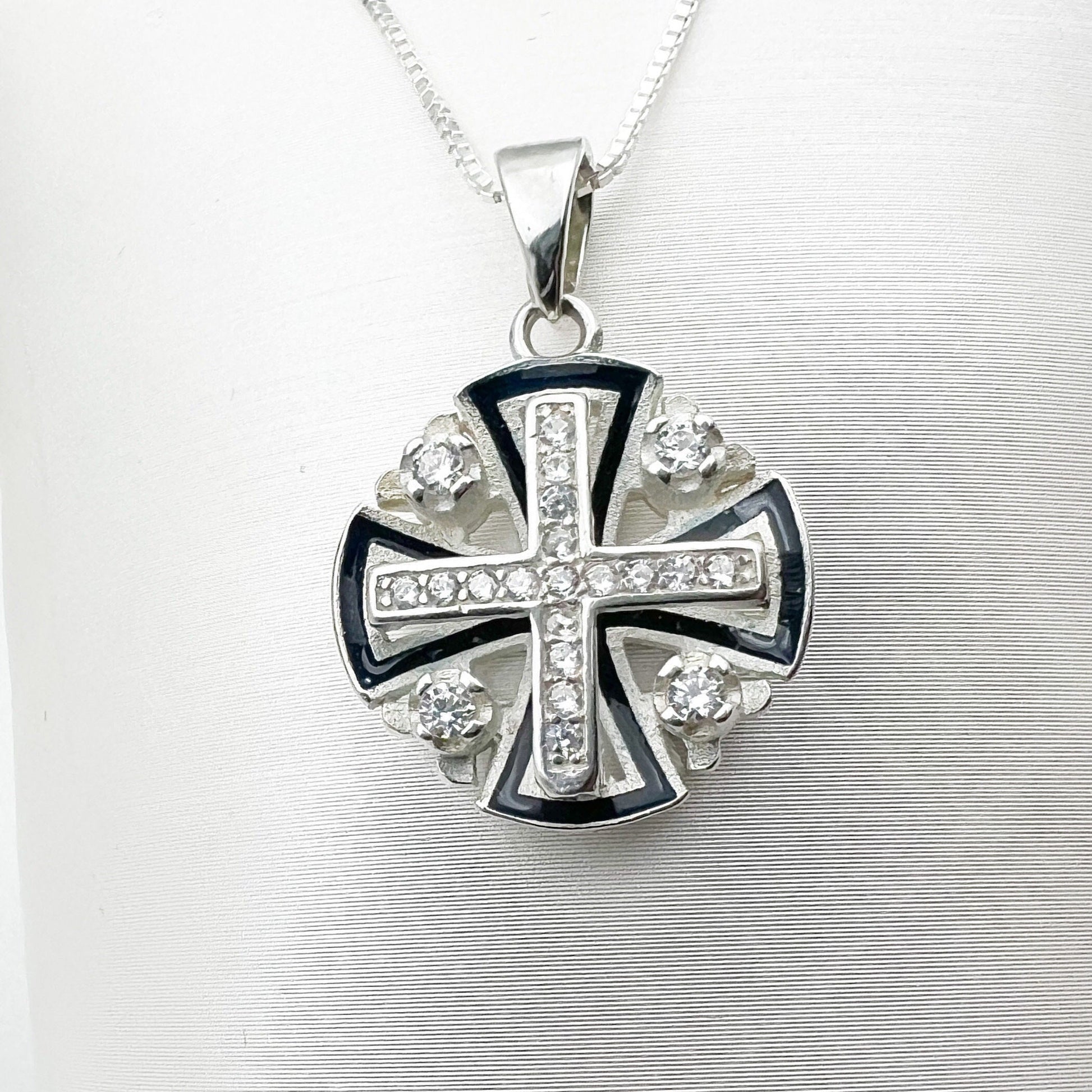 Elegant Sterling Silver Jerusalem Cross Pendant with Blue Enamel and Sparkling Zirconia