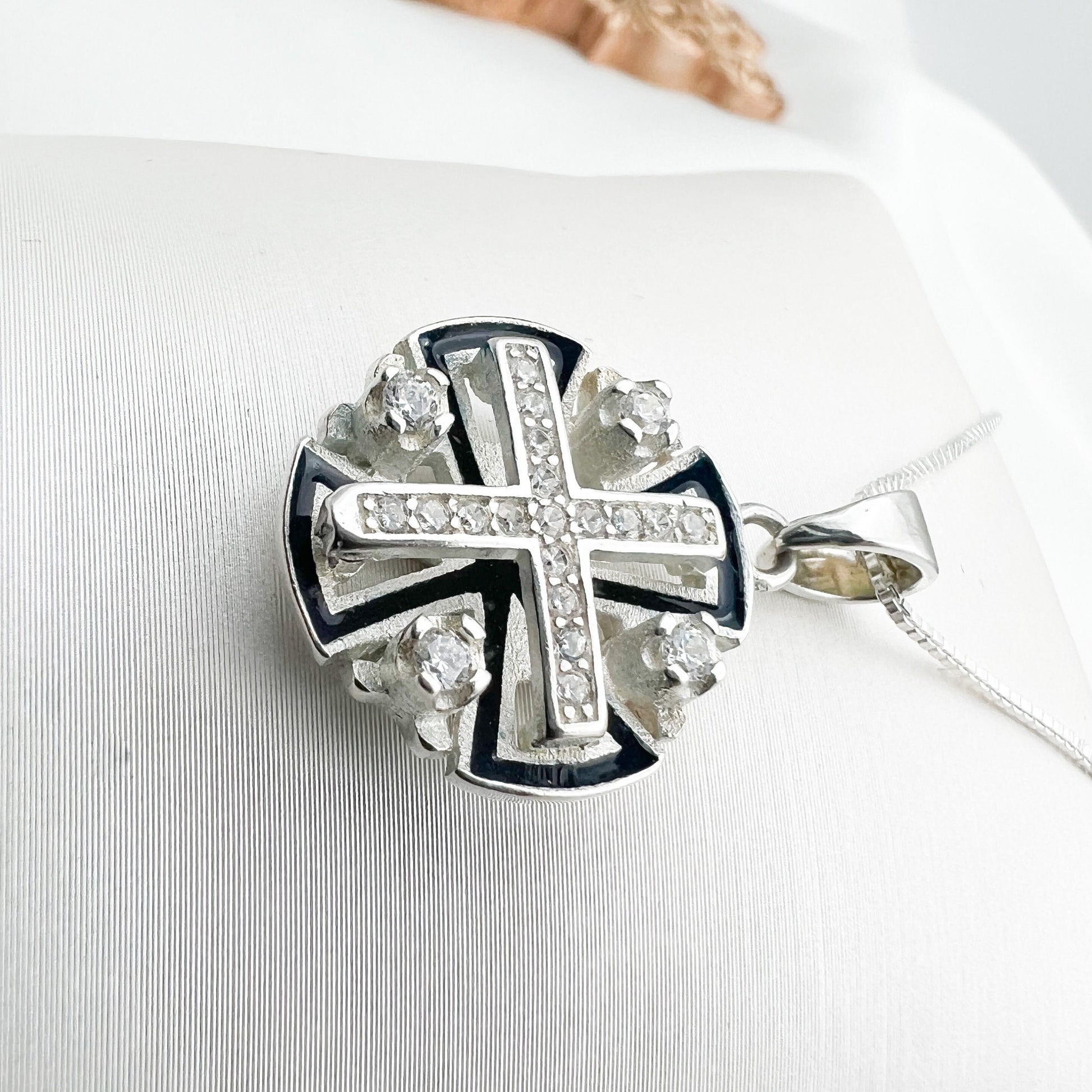 Elegant Sterling Silver Jerusalem Cross Pendant with Blue Enamel and Sparkling Zirconia