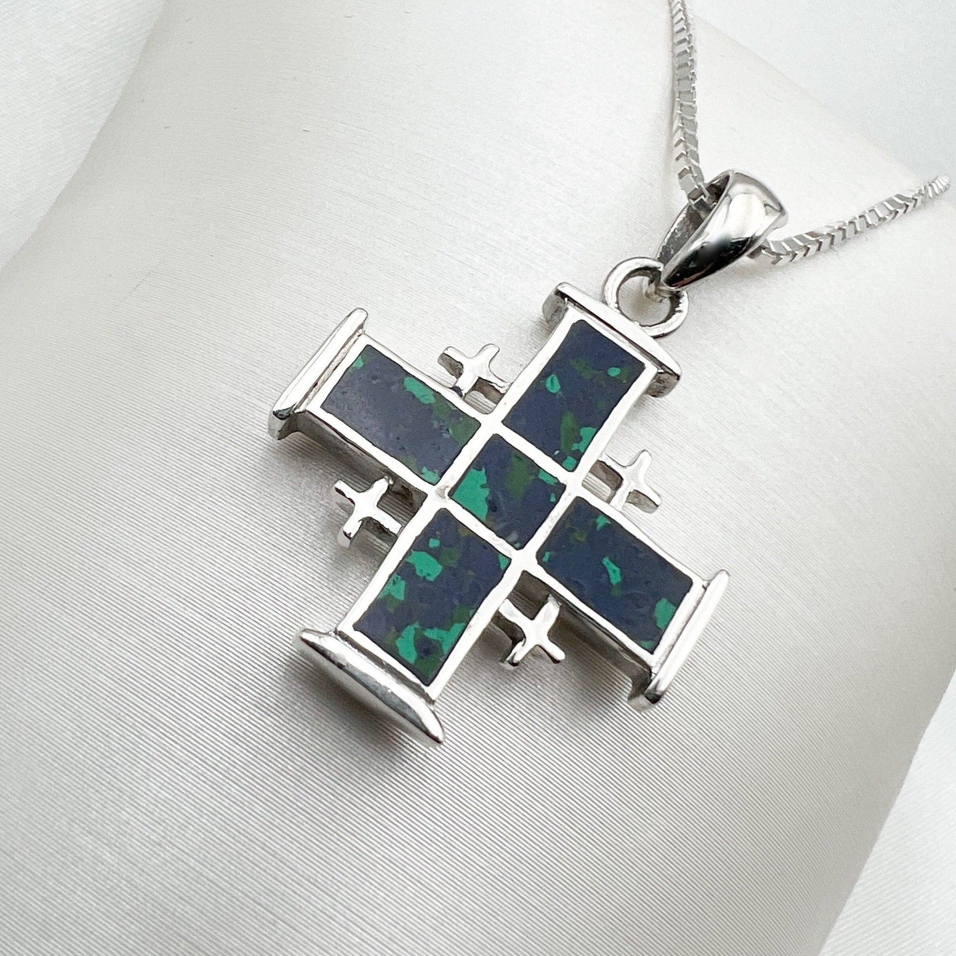 Sterling Silver Jerusalem Cross Pendant with King Solomon Eilat Stone