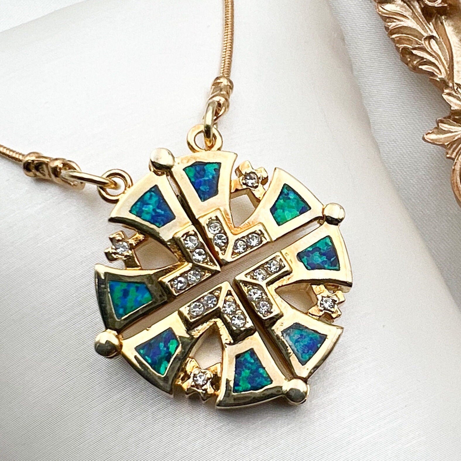 Opening Jerusalem Cross Pendant in Sterling Silver and Gold with Blue Opal