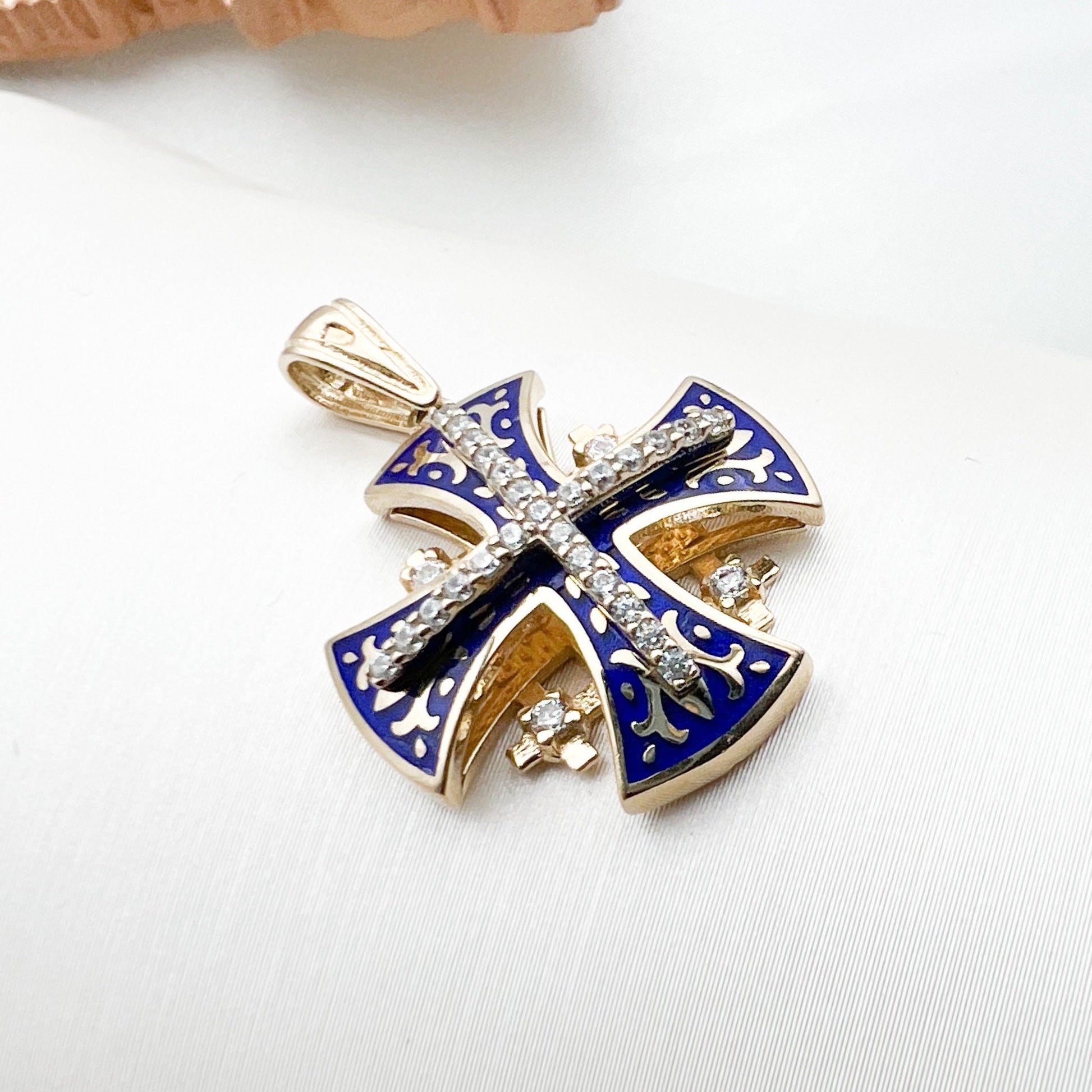 Sacred Jerusalem Cross in 14k Gold and Blue Enamel