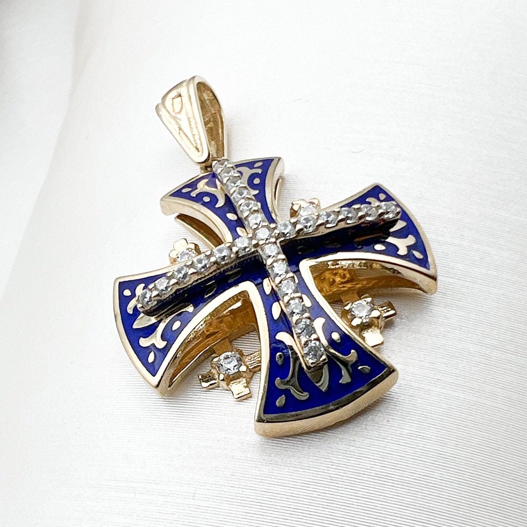 Sacred Jerusalem Cross in 14k Gold and Blue Enamel