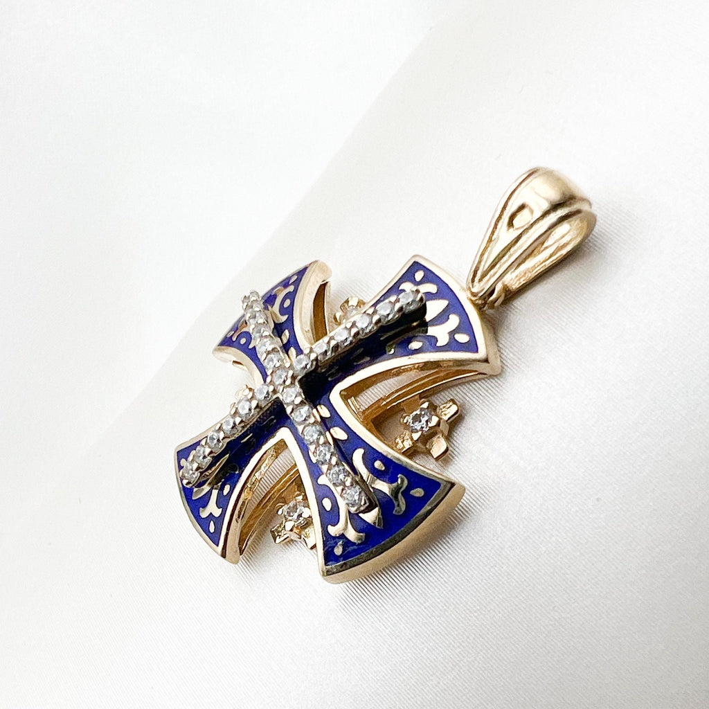 Sacred Jerusalem Cross in 14k Gold and Blue Enamel
