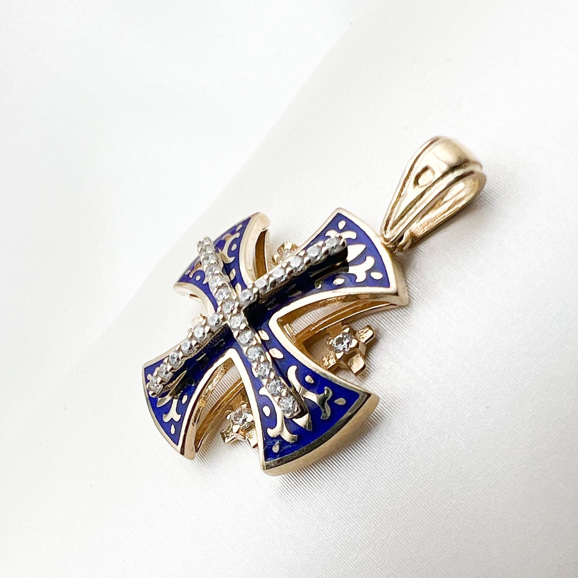 Sacred Jerusalem Cross in 14k Gold and Blue Enamel