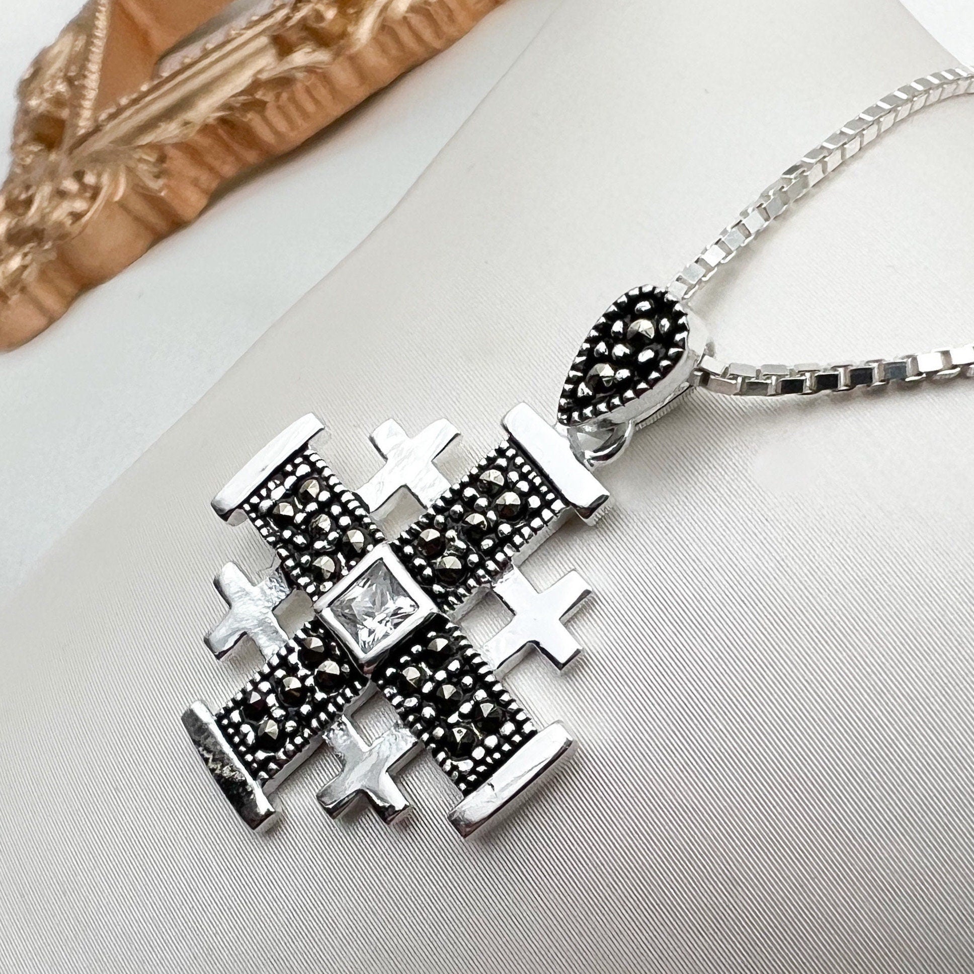 Sacred Jerusalem Cross Pendant in Silver 925 - Adorned with Zircons and Marcasite