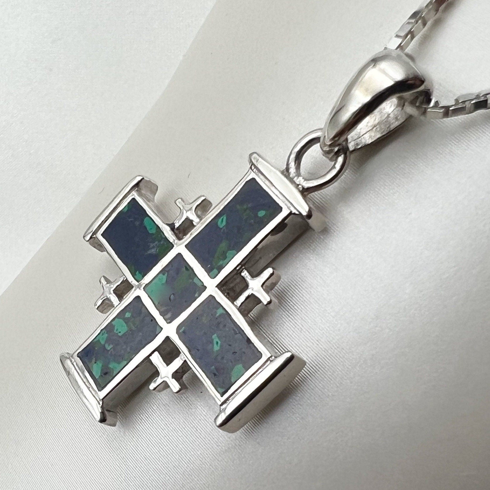 Sterling Silver Jerusalem Cross Pendant with King Solomon Eilat Stone