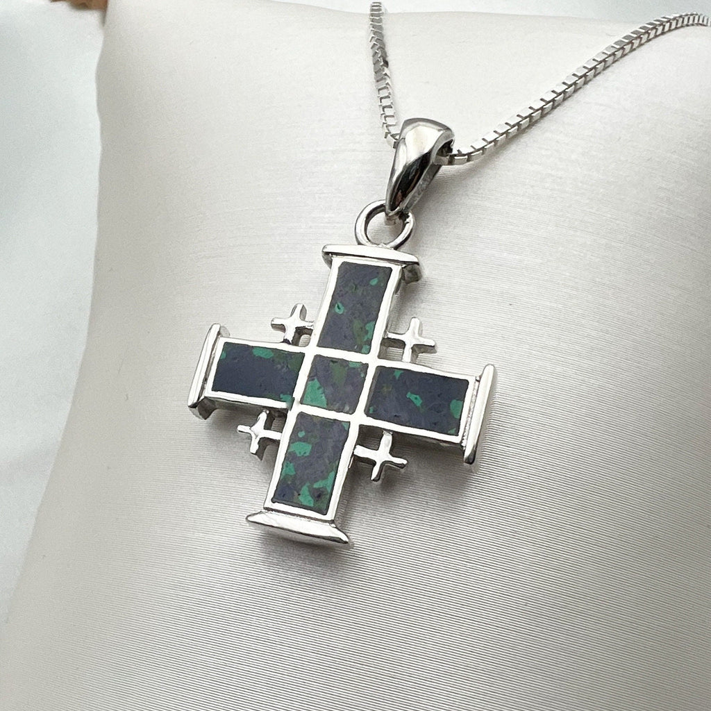 Sterling Silver Jerusalem Cross Pendant with King Solomon Eilat Stone