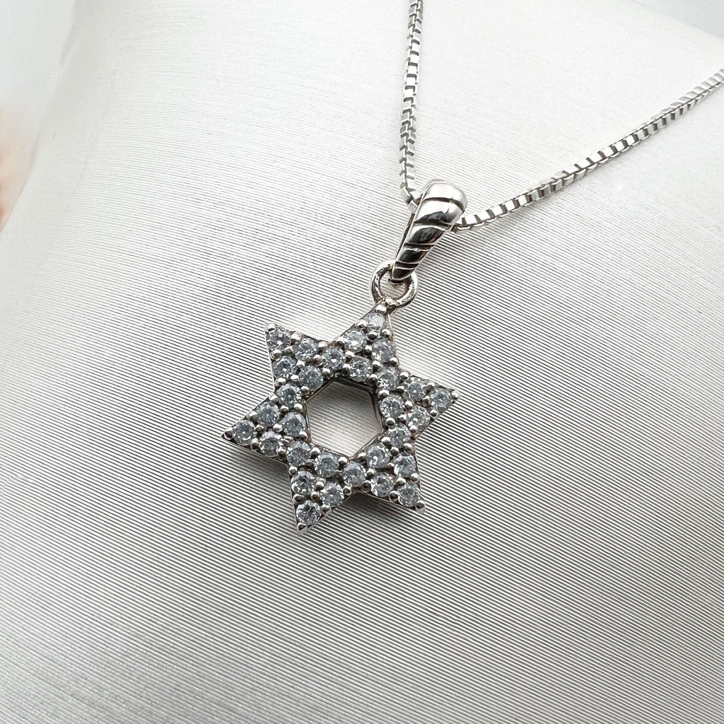 Sterling Silver 925 David Star Pendant with White Zircons - Chain Included