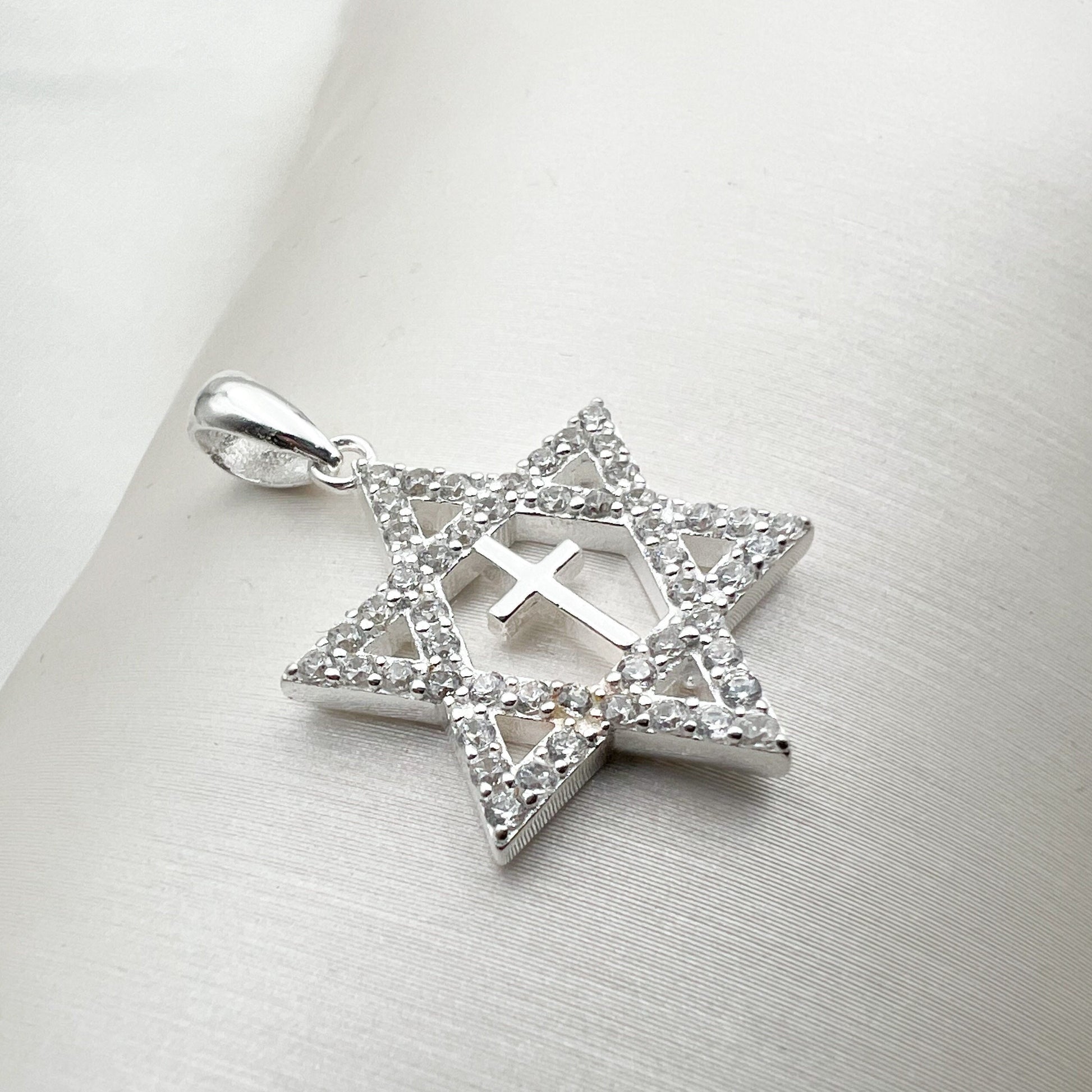 Messianic Star of David Cross Pendant with Zircons