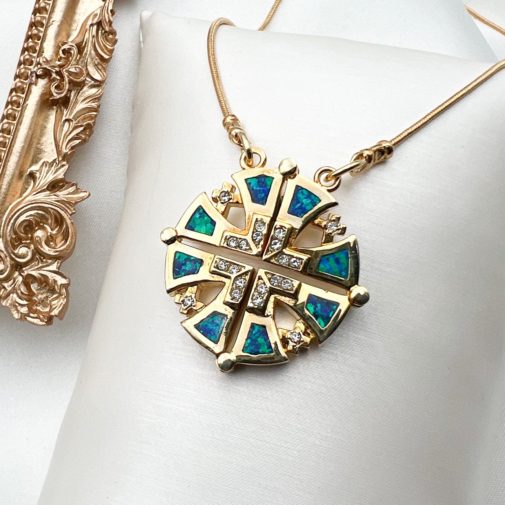 Opening Jerusalem Cross Pendant in Sterling Silver and Gold with Blue Opal
