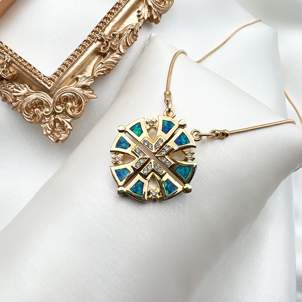 Opening Jerusalem Cross Pendant in Sterling Silver and Gold with Blue Opal
