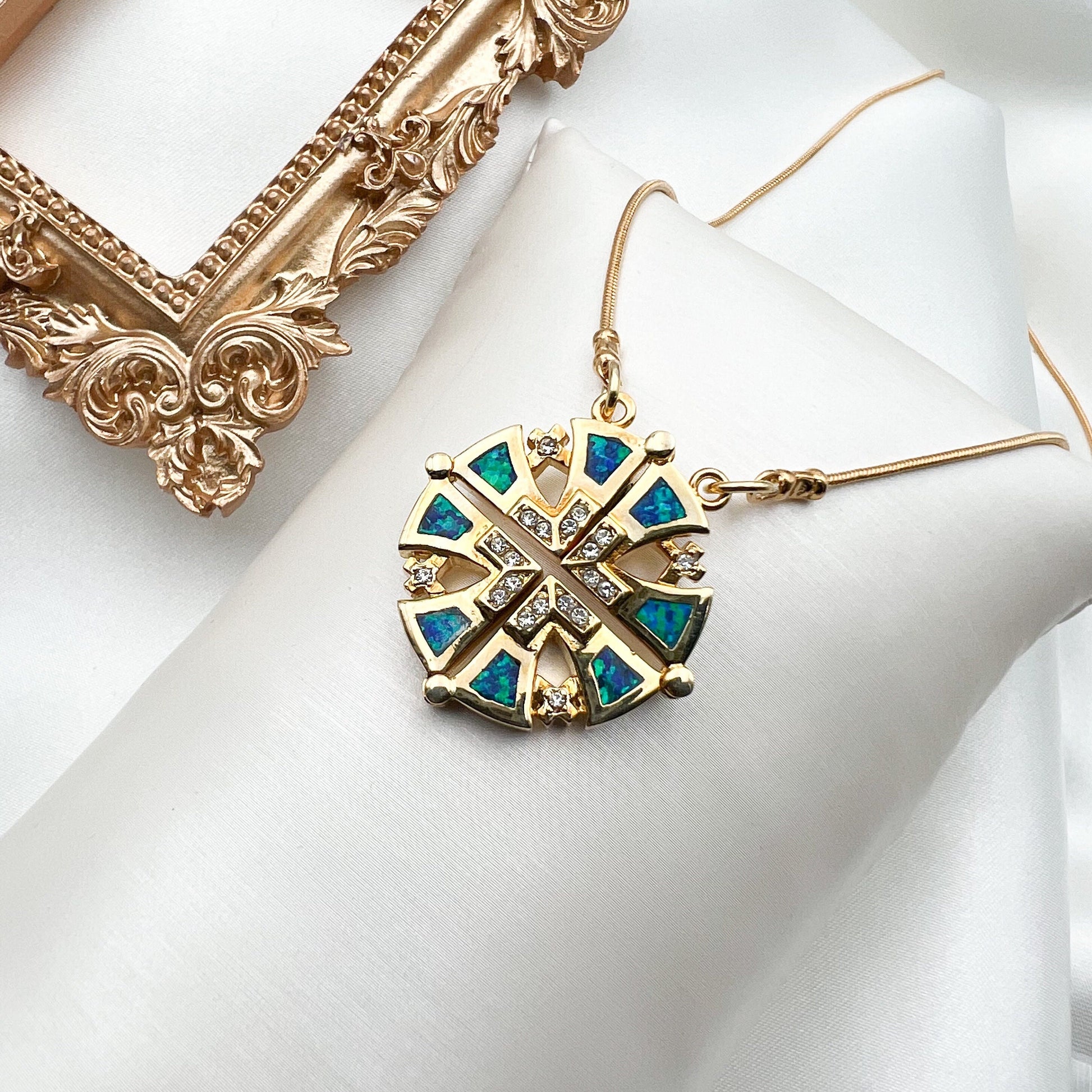 Opening Jerusalem Cross Pendant in Sterling Silver and Gold with Blue Opal