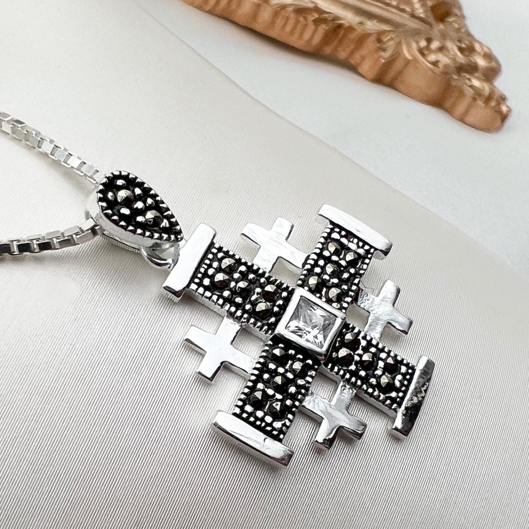 Sacred Jerusalem Cross Pendant in Silver 925 - Adorned with Zircons and Marcasite