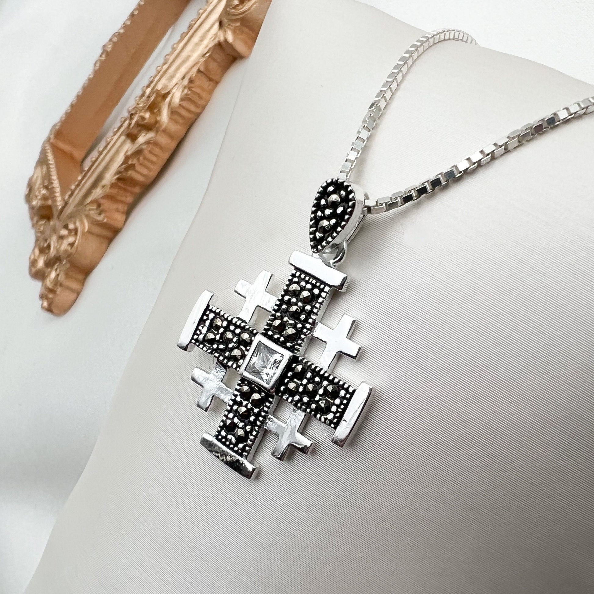Sacred Jerusalem Cross Pendant in Silver 925 - Adorned with Zircons and Marcasite