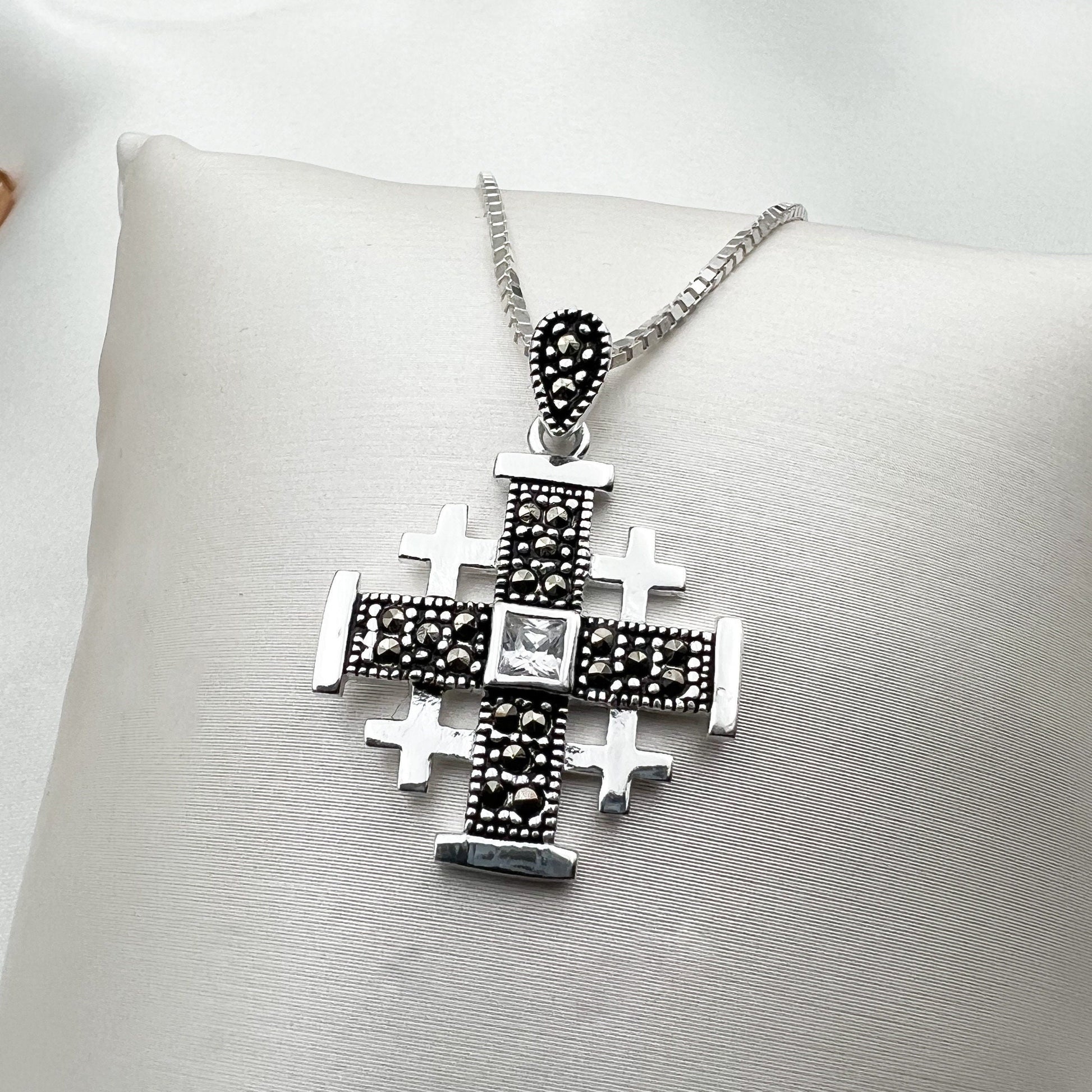 Sacred Jerusalem Cross Pendant in Silver 925 - Adorned with Zircons and Marcasite