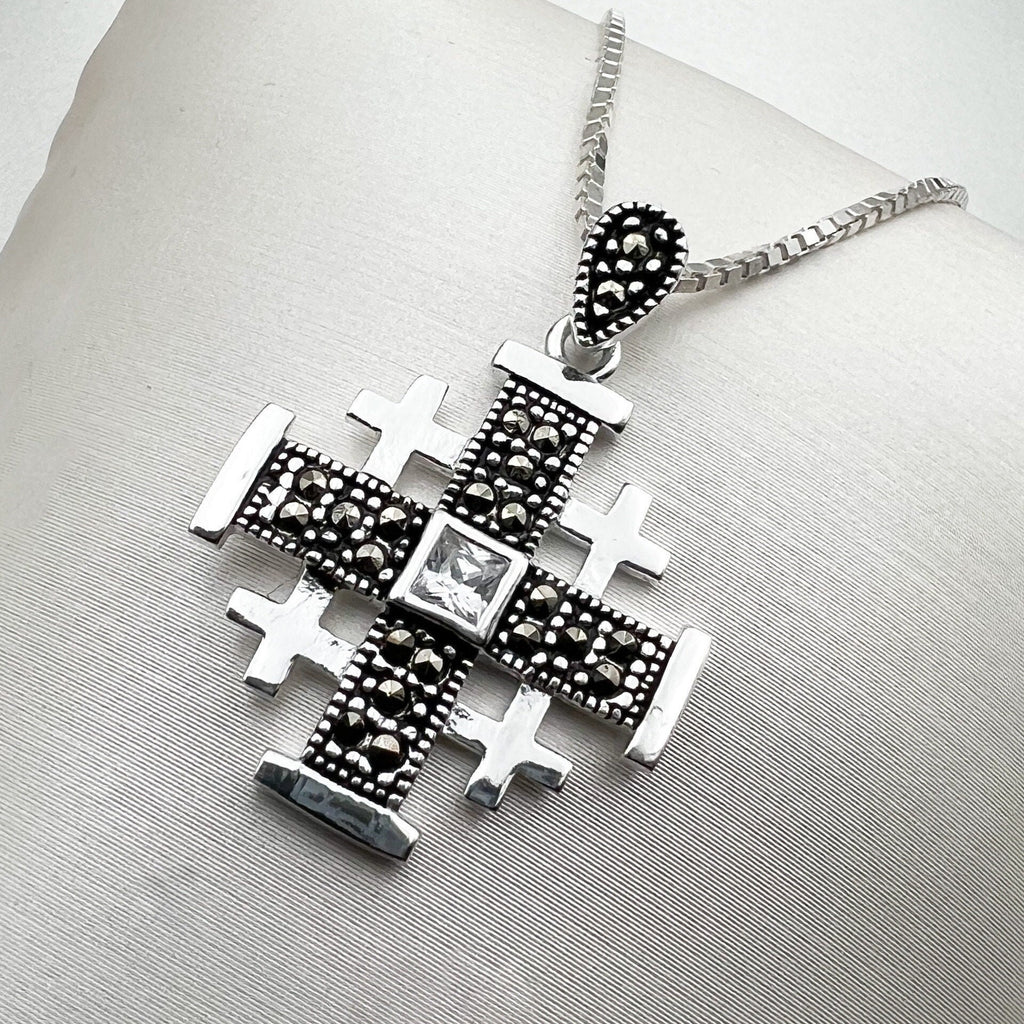 Sacred Jerusalem Cross Pendant in Silver 925 - Adorned with Zircons and Marcasite