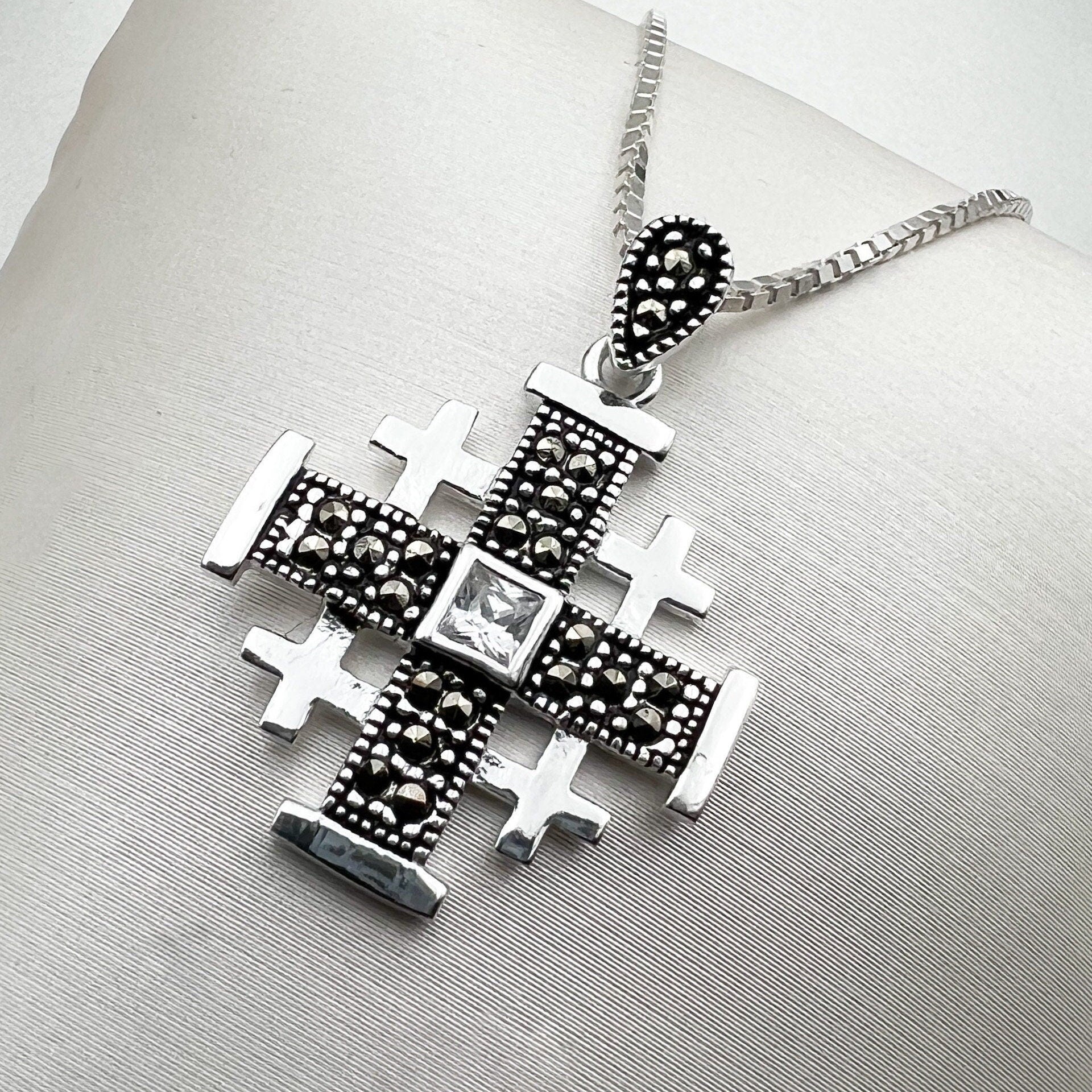 Sacred Jerusalem Cross Pendant in Silver 925 - Adorned with Zircons and Marcasite