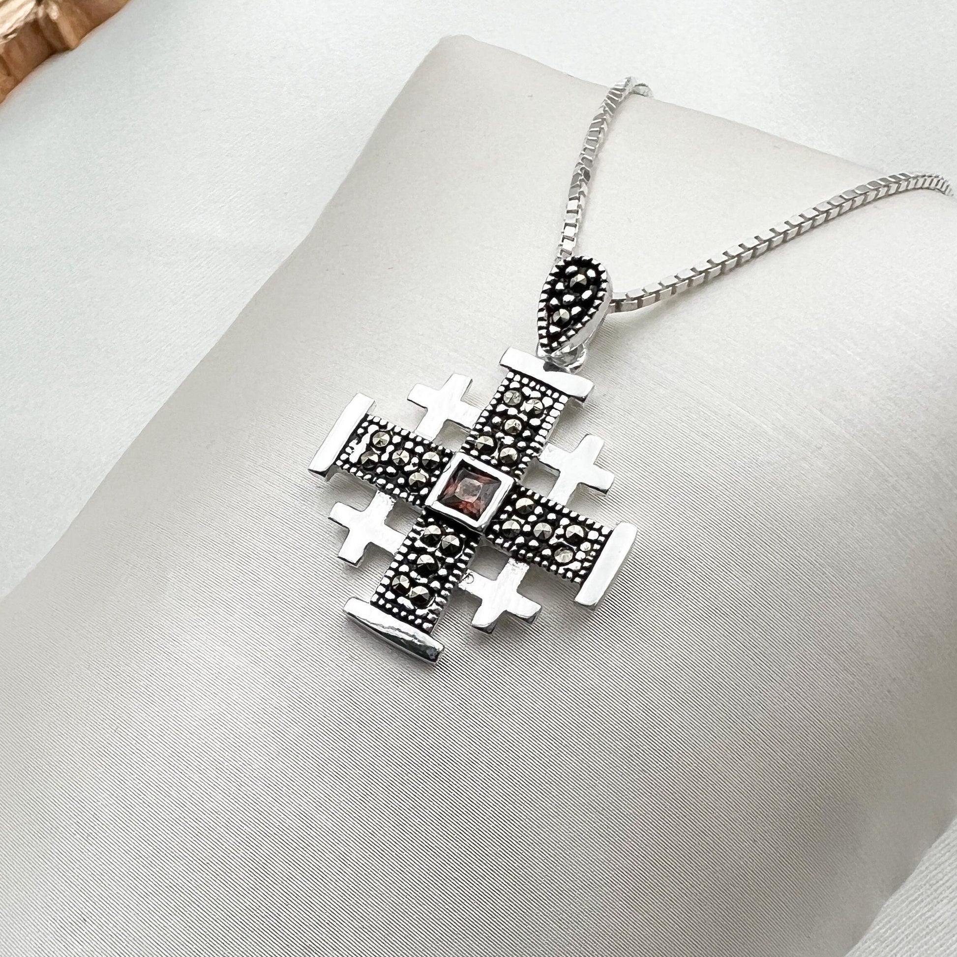 Jerusalem Cross Pendant with Smoky Topaz and Marcasite in Silver 925