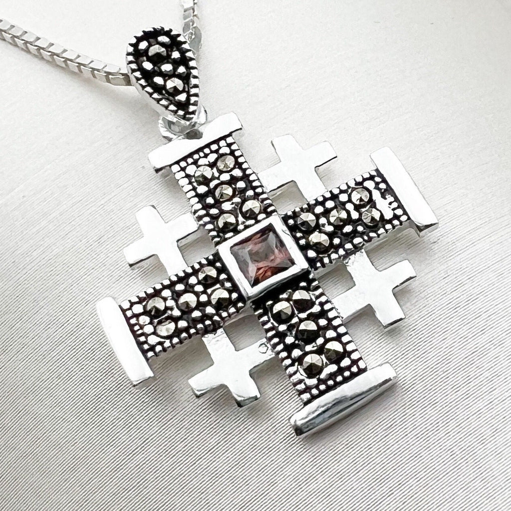 Jerusalem Cross Pendant with Smoky Topaz and Marcasite in Silver 925