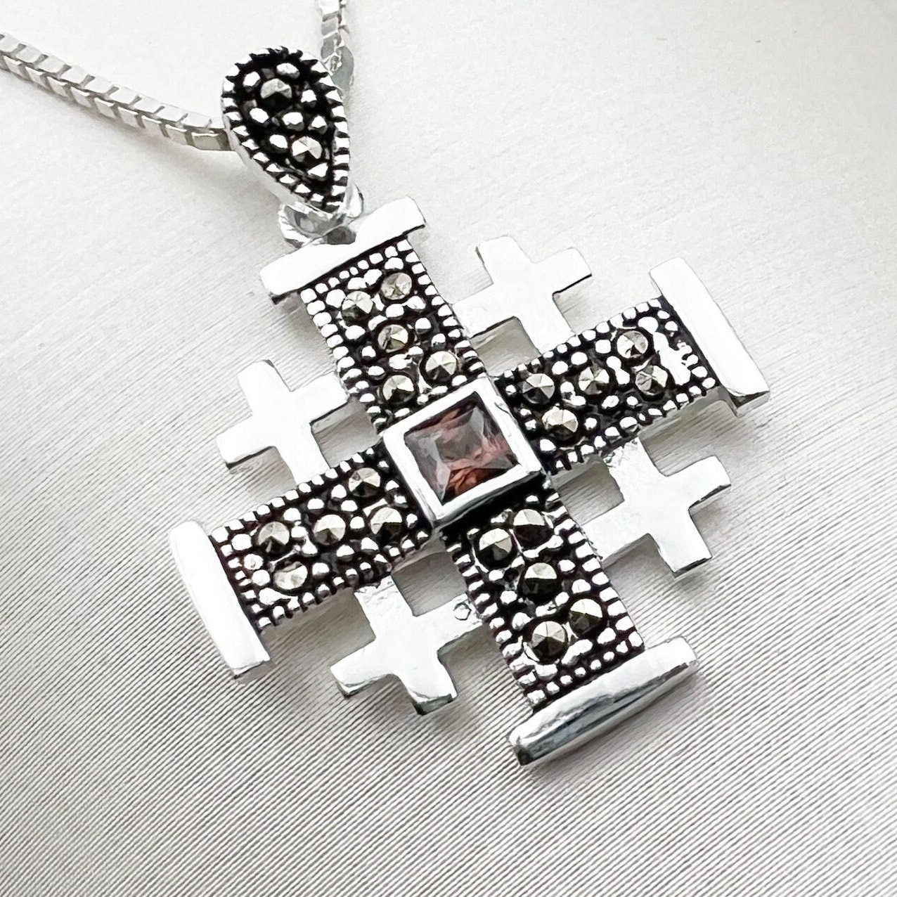 Jerusalem Cross Pendant with Smoky Topaz and Marcasite in Silver 925