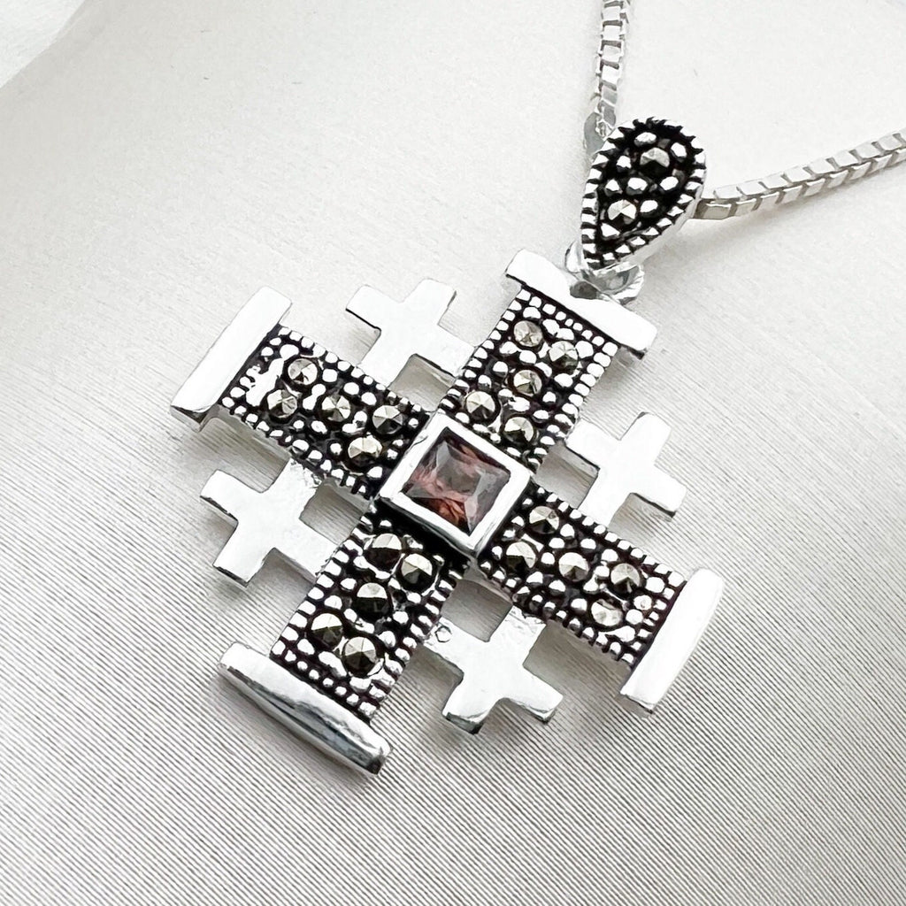 Jerusalem Cross Pendant with Smoky Topaz and Marcasite in Silver 925
