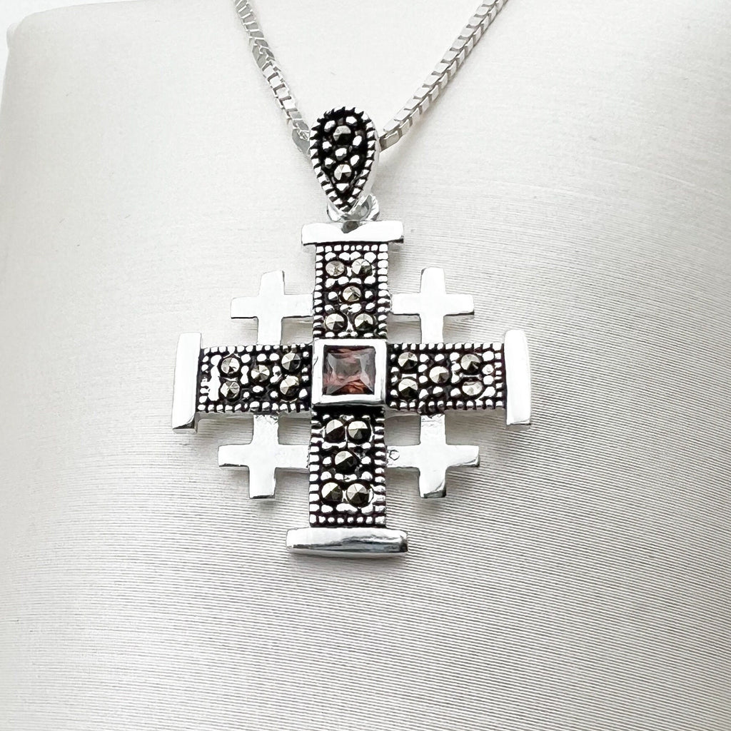 Jerusalem Cross Pendant with Smoky Topaz and Marcasite in Silver 925