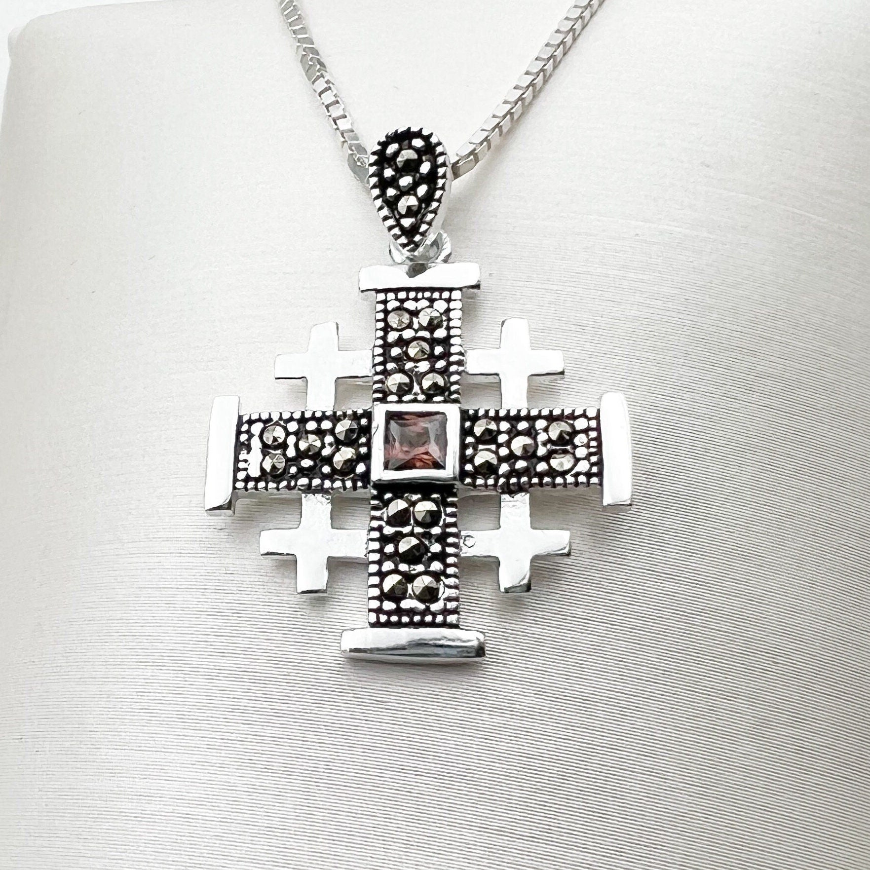 Jerusalem Cross Pendant with Smoky Topaz and Marcasite in Silver 925