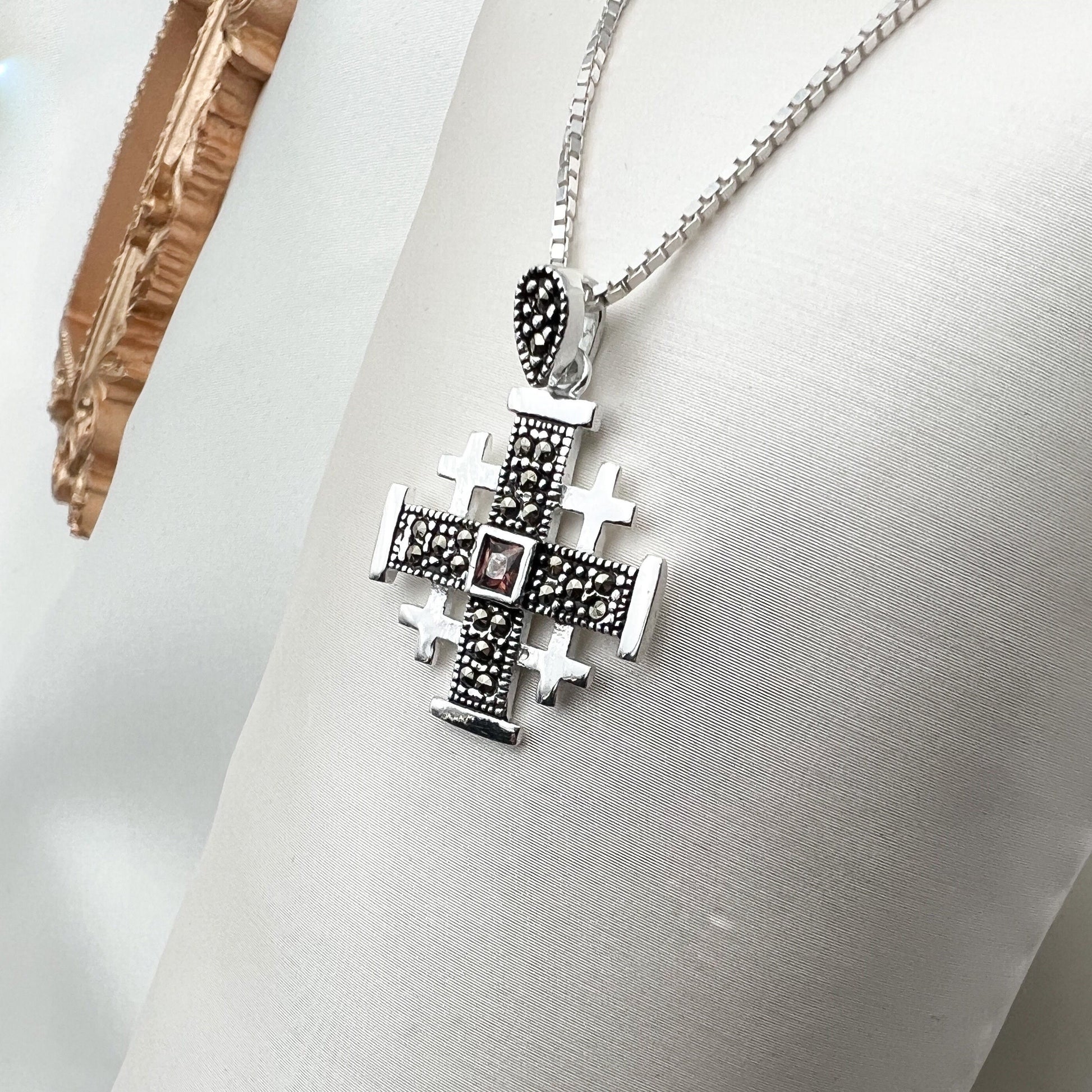 Jerusalem Cross Pendant with Smoky Topaz and Marcasite in Silver 925