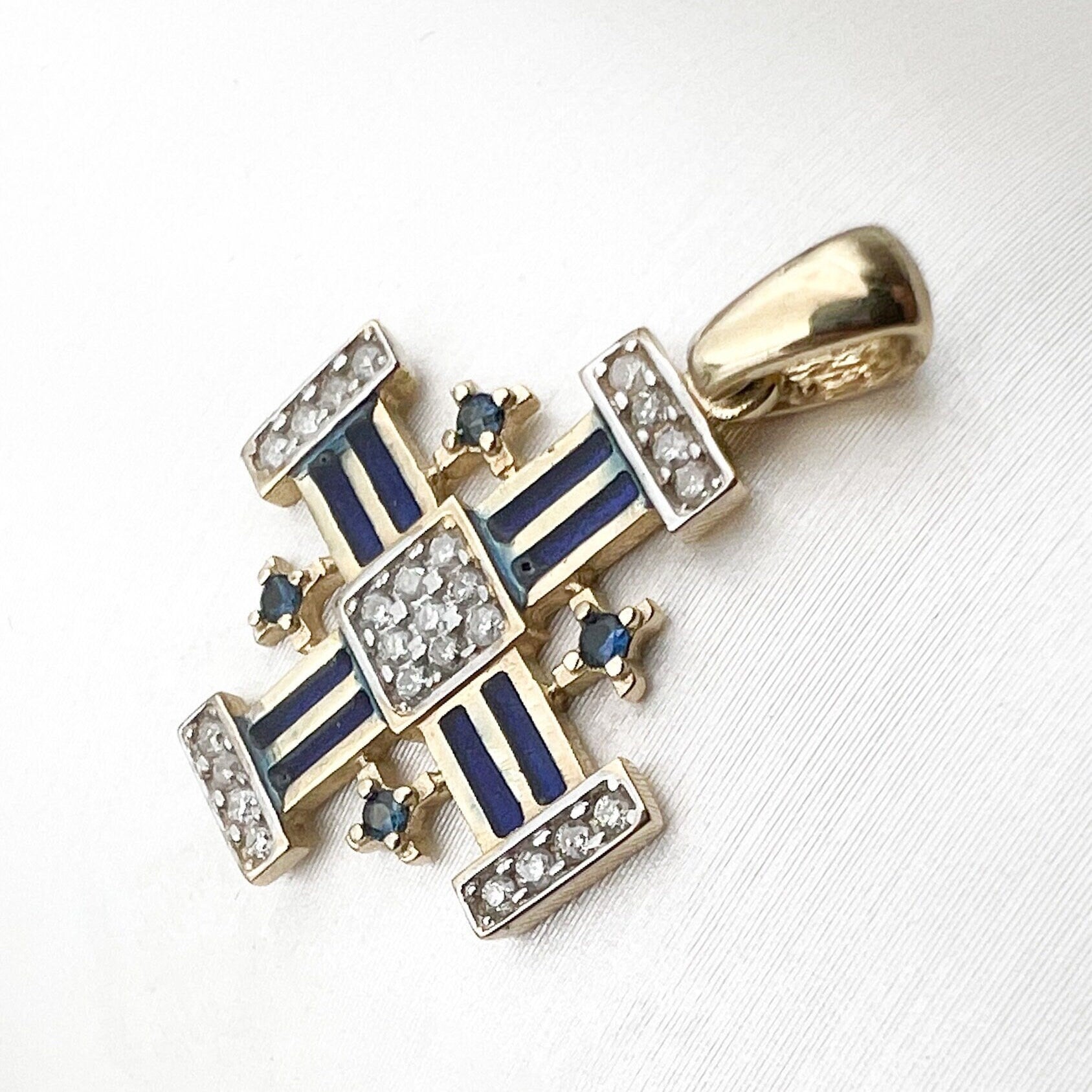 Jerusalem Cross Pendant in 14k Gold with Diamonds and Blue Sapphire, Symbol of Faith