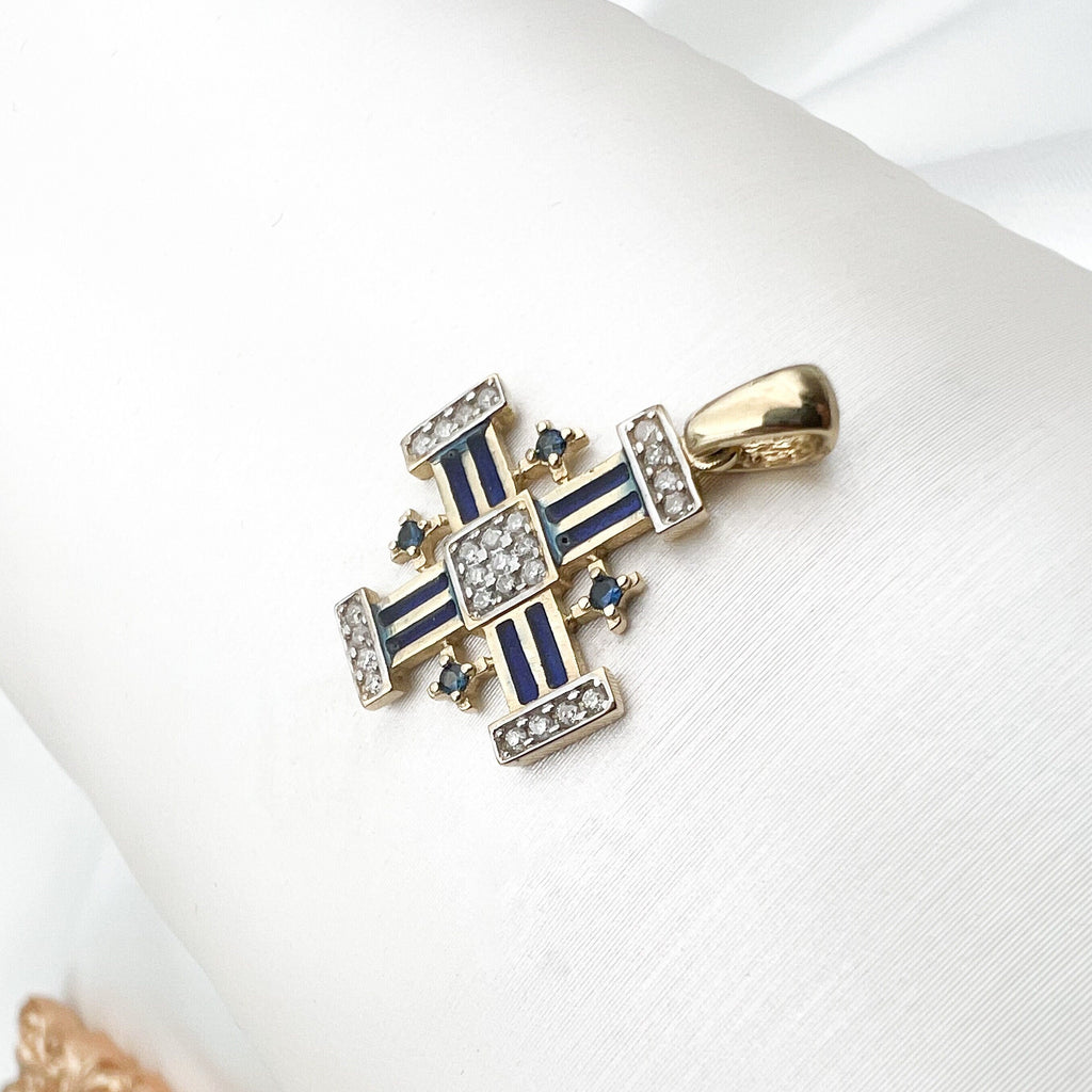 Jerusalem Cross Pendant in 14k Gold with Diamonds and Blue Sapphire, Symbol of Faith