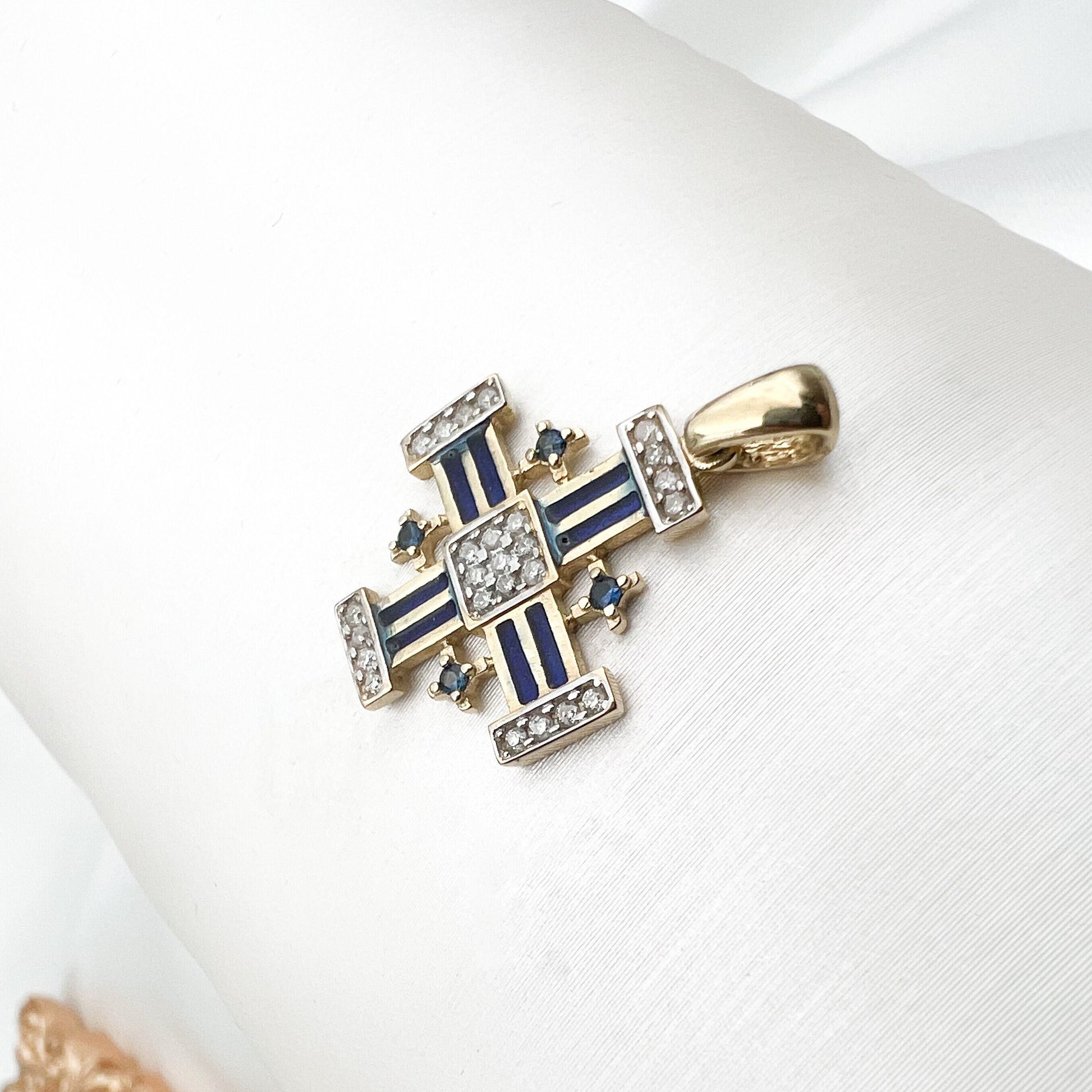 Jerusalem Cross Pendant in 14k Gold with Diamonds and Blue Sapphire, Symbol of Faith