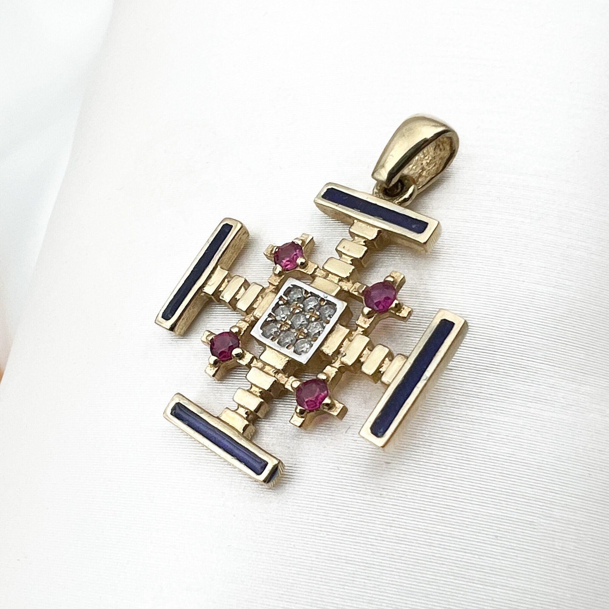 Jerusalem Cross 14k Gold Pendant with Diamonds and Enamel Faith and Elegance Combined